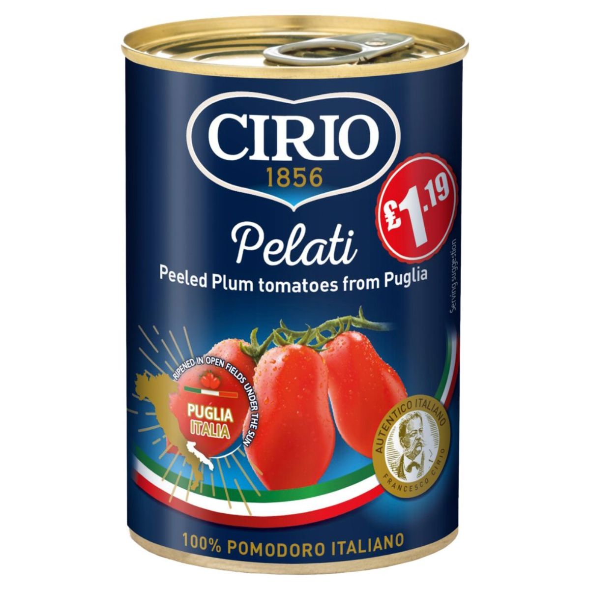 A can of Cirio - Peeled Plum Tomatoes - 400g with tomatoes.