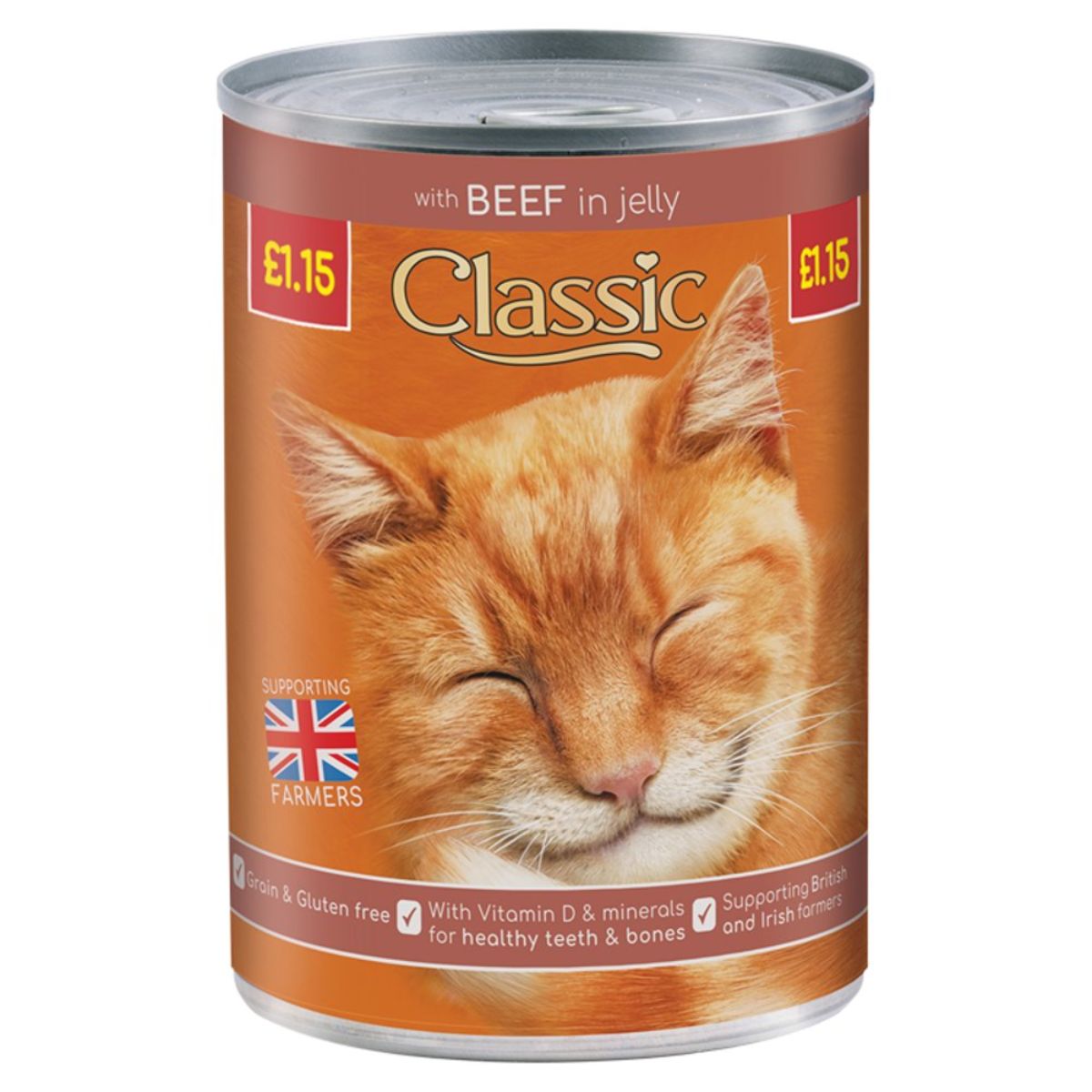 A can of Classic - Beef in Jelly - 400g cat food with a picture of a cat.