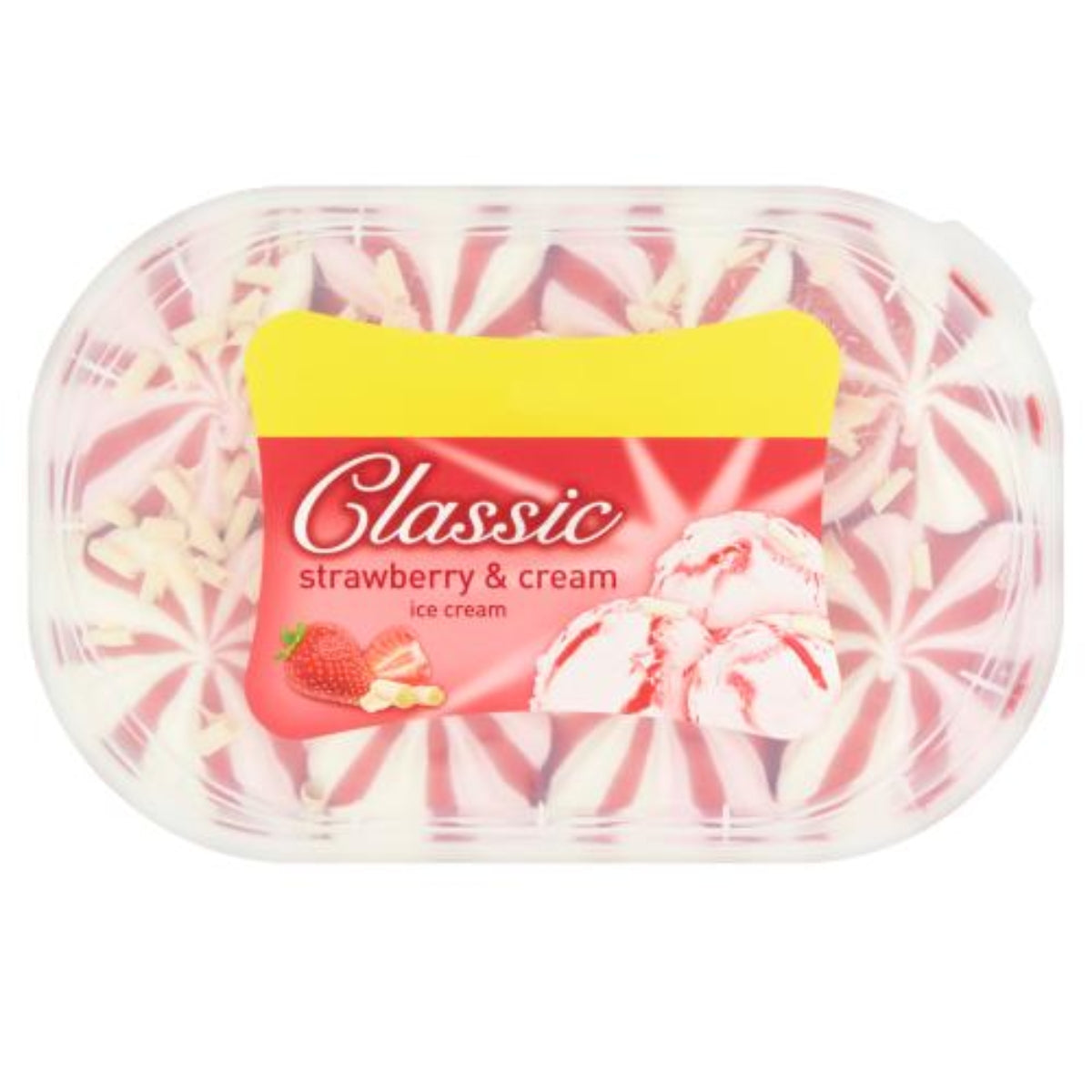 Classic - Strawberry & Cream Ice Cream Tub - 900ml in a plastic container. Classic - Strawberry & Cream Ice Cream Tub - 900ml in a plastic container.