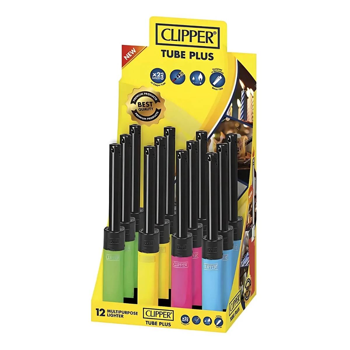 Showcase premium Clipper Tube Lighter in a sleek cardboard stand, featuring multipurpose lighters in assorted colors. Packaging highlights features and awards. Showcase premium Clipper Tube Lighter in a sleek cardboard stand, featuring multipurpose lighters in assorted colors. Packaging highlights features and awards.