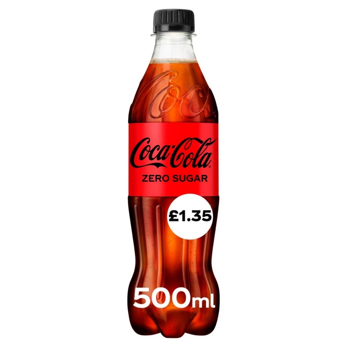 A 500ml bottle of Coca-Cola - Zero Sugar with a red label is priced at £1.35. A 500ml bottle of Coca-Cola - Zero Sugar with a red label is priced at £1.35.
