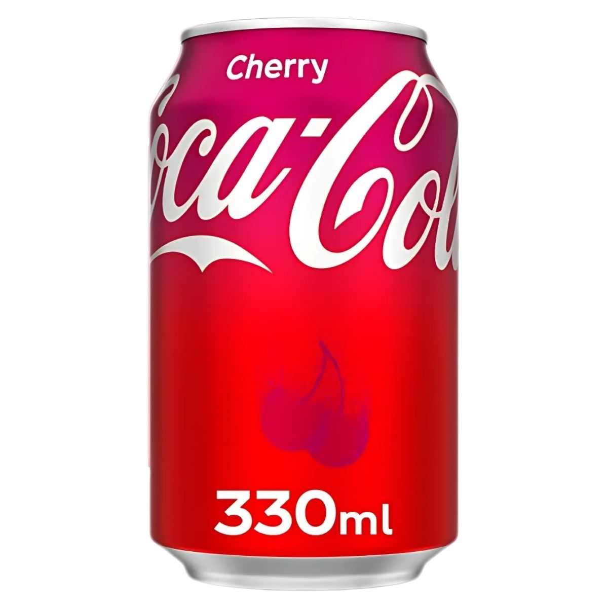 A 330ml Coca Cola - Cherry Can with a vibrant red and pink design featuring cherry images, ideal for on-the-go refreshment. A 330ml Coca Cola - Cherry Can with a vibrant red and pink design featuring cherry images, ideal for on-the-go refreshment.