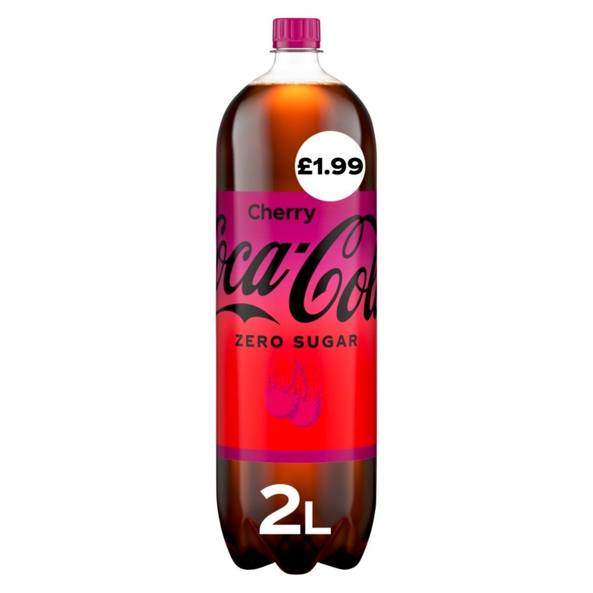 A 2-liter bottle of Coca Cola Cherry Zero Sugar, full of delicious cherry flavor, is priced at £1.99. A 2-liter bottle of Coca Cola Cherry Zero Sugar, full of delicious cherry flavor, is priced at £1.99.