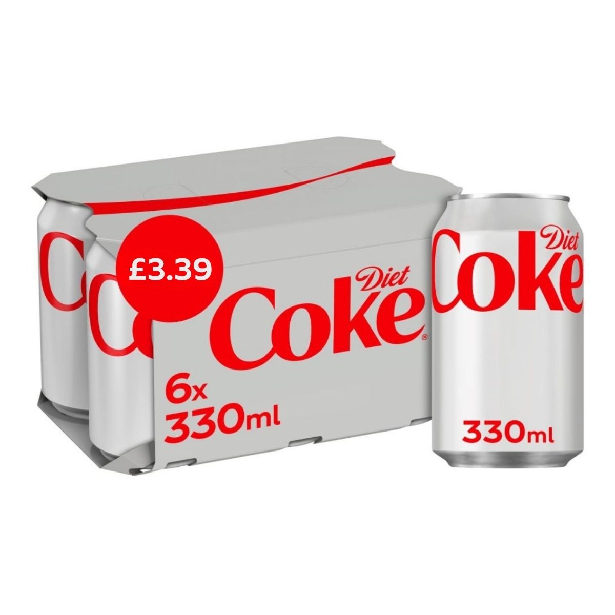 A six-pack of Coca Cola Diet Coke Multipack (6 x 330ml) is displayed in striking silver and red packaging, priced at £3.39. A six-pack of Coca Cola Diet Coke Multipack (6 x 330ml) is displayed in striking silver and red packaging, priced at £3.39.