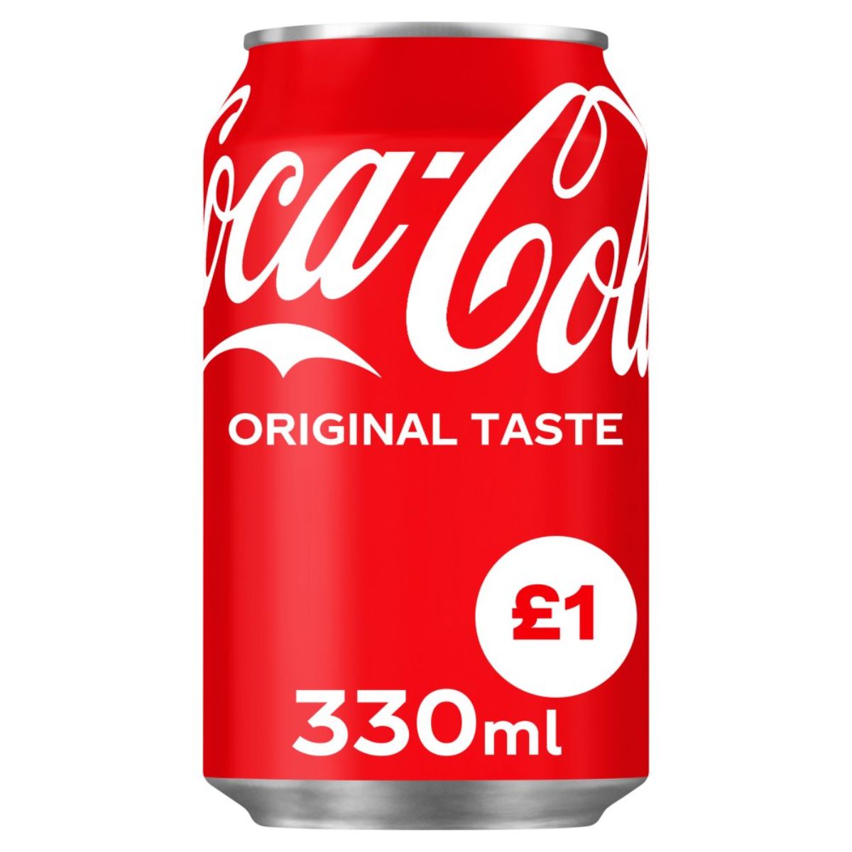 A can of Coca Cola - Original Taste - 330ml on a white background. A can of Coca Cola - Original Taste - 330ml on a white background.