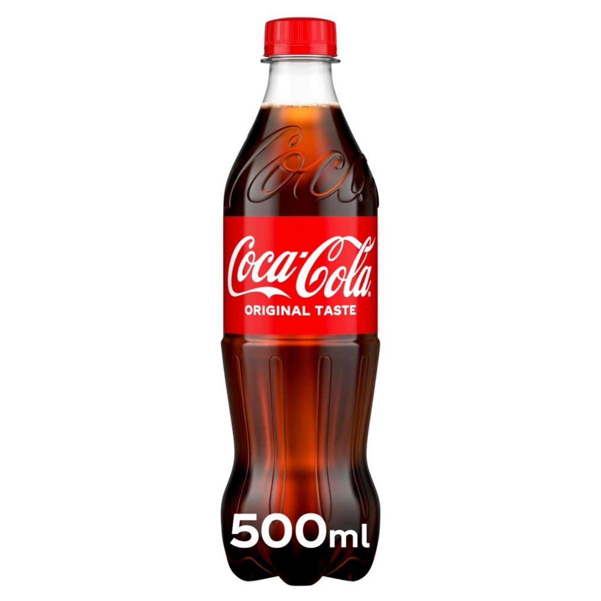 A 500ml plastic bottle of Coca-Cola - Original Taste, featuring a red cap and a label with the brand logo. A 500ml plastic bottle of Coca-Cola - Original Taste, featuring a red cap and a label with the brand logo.