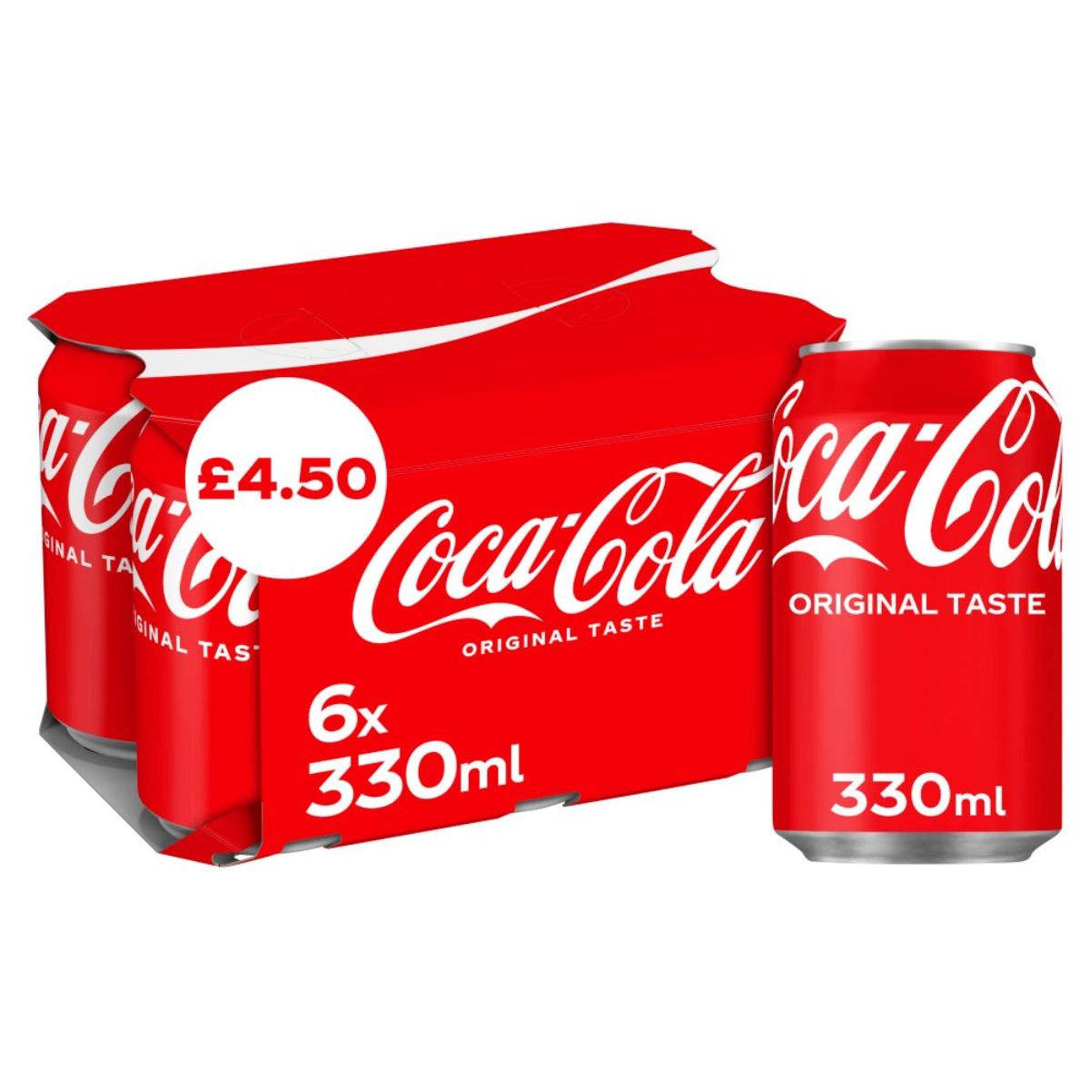 Coca Cola - Original Taste - 6 x 330ml in a box with a coca cola bottle.