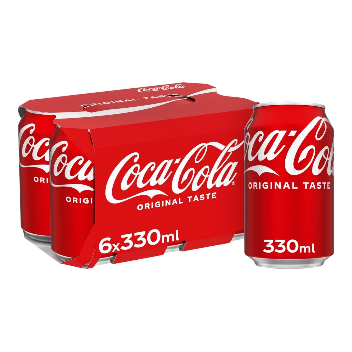 Coca Cola - Original Taste - 6 x 330ml pack features each can in classic red with the white logo and text, providing a refreshing experience with every sip. Coca Cola - Original Taste - 6 x 330ml pack features each can in classic red with the white logo and text, providing a refreshing experience with every sip.