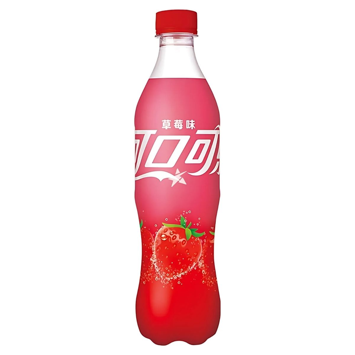 A vibrant red 500ml bottle of Coca Cola - Strawberry (China) provides Coca Cola's signature refreshment with a delightful strawberry flavor, featuring an elegant label decorated with a charming strawberry graphic and Chinese characters. A vibrant red 500ml bottle of Coca Cola - Strawberry (China) provides Coca Cola's signature refreshment with a delightful strawberry flavor, featuring an elegant label decorated with a charming strawberry graphic and Chinese characters.