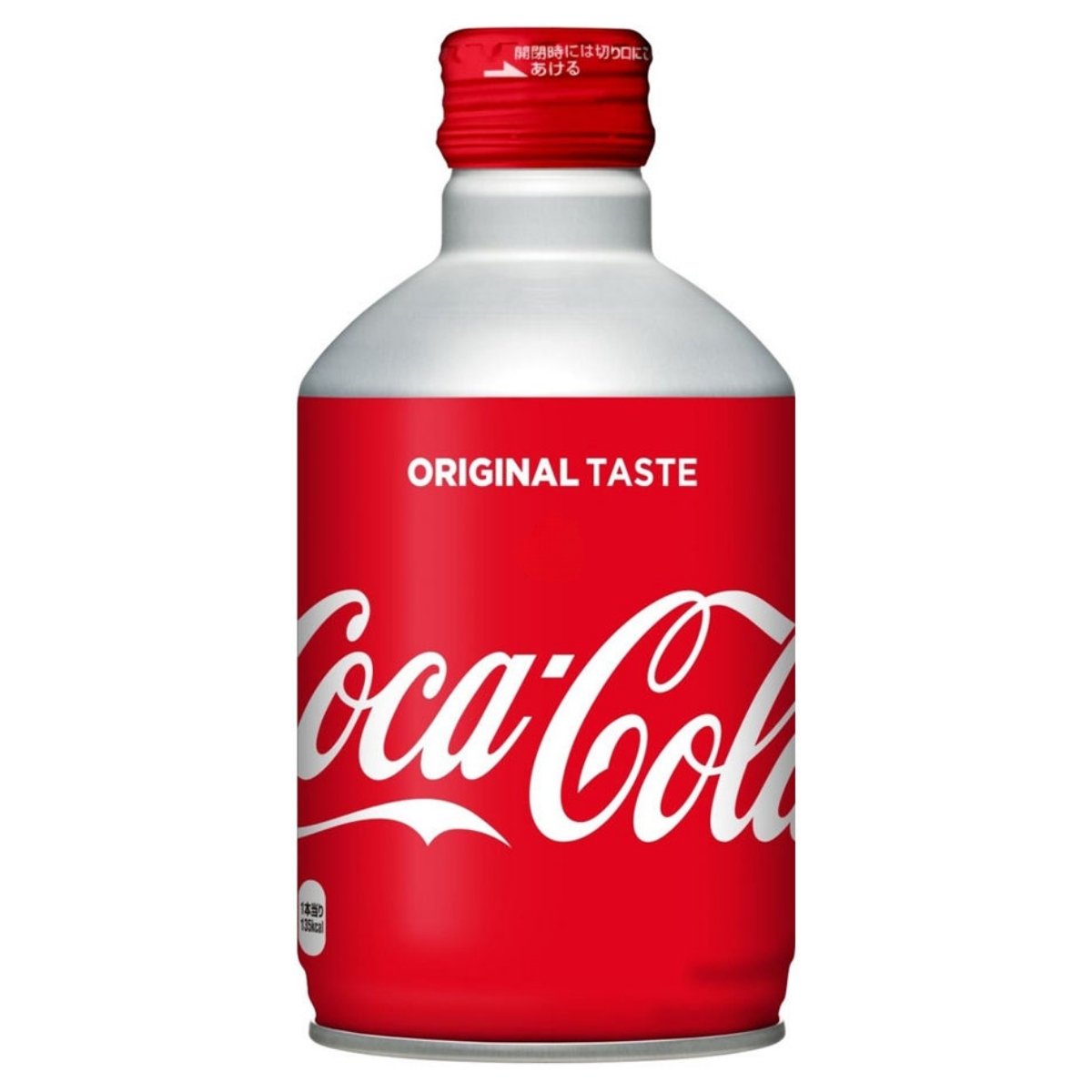 A red and silver 300ml Coca Cola Original Screw Top Can Drink from Japan, featuring white text, is displayed on a plain white background. A red and silver 300ml Coca Cola Original Screw Top Can Drink from Japan, featuring white text, is displayed on a plain white background.