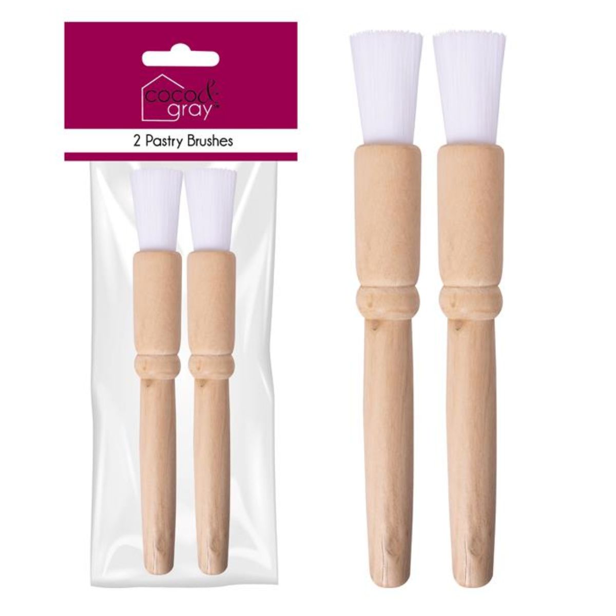 Pack of two Coco & Gray wooden pastry brushes with white bristles, displayed in packaging. Pack of two Coco & Gray wooden pastry brushes with white bristles, displayed in packaging.