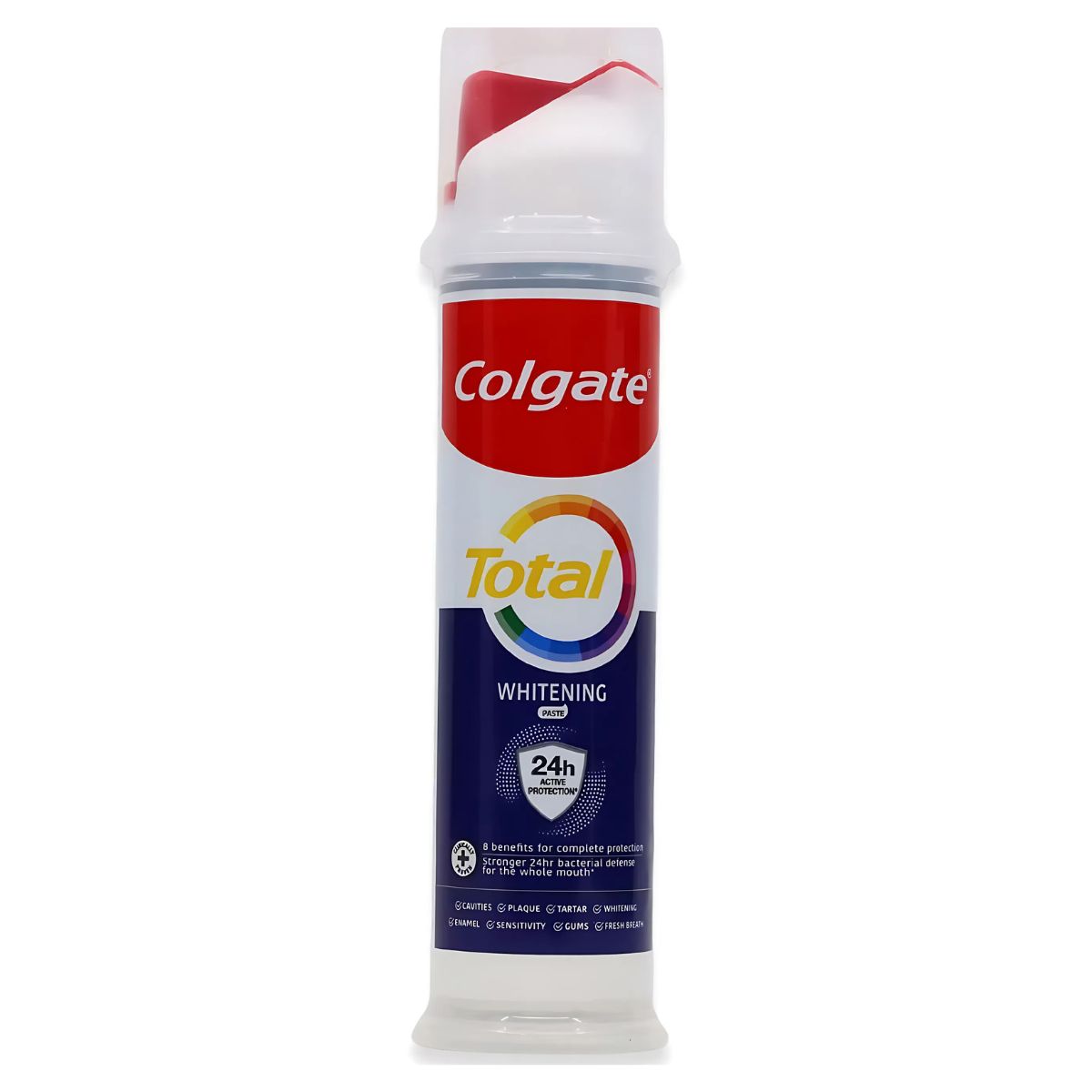 Colgate - Total Whitening Toothpaste Pump - 100ml offers 24-hour antibacterial protection and effective whitening in a convenient white and red pump bottle for a brighter, healthier smile. Colgate - Total Whitening Toothpaste Pump - 100ml offers 24-hour antibacterial protection and effective whitening in a convenient white and red pump bottle for a brighter, healthier smile.