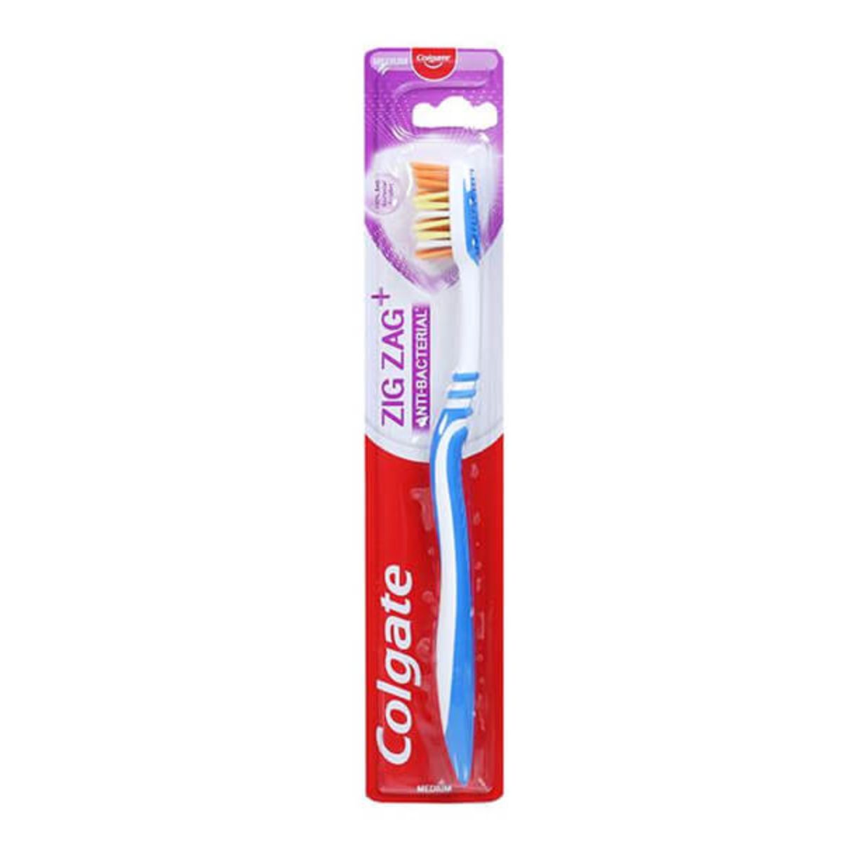 A blue and purple Colgate - Zig Zag Anti Bacterial toothbrush in a package. A blue and purple Colgate - Zig Zag Anti Bacterial toothbrush in a package.