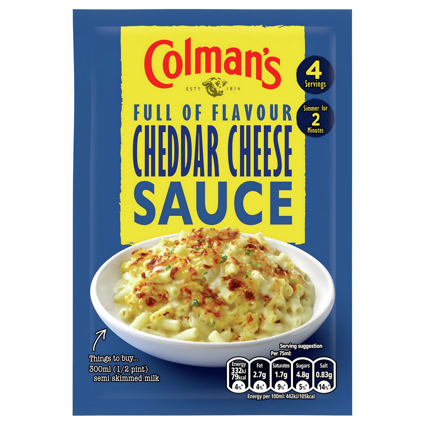 Colman's Cheddar Cheese Sauce Mix 40g: Serves 4, perfect with macaroni. Creamy, cheddar-flavoured sauce ready in 2 minutes. Includes nutrition info, full instructions, and suggested ingredients to add. Colman's Cheddar Cheese Sauce Mix 40g: Serves 4, perfect with macaroni. Creamy, cheddar-flavoured sauce ready in 2 minutes. Includes nutrition info, full instructions, and suggested ingredients to add.