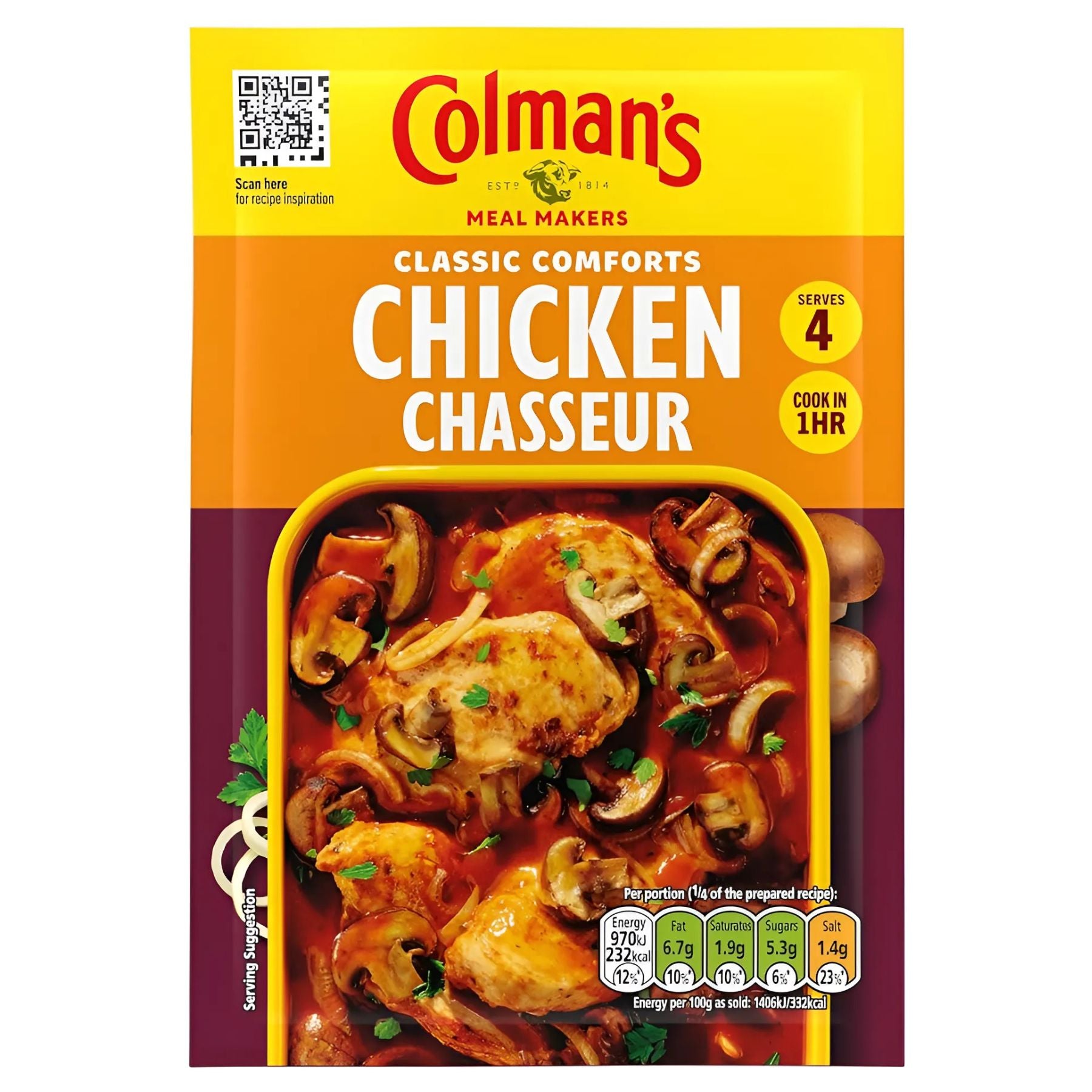 Colman's Chicken Chasseur Meal Maker (40g) helps you create a French-style dish for 4 in 1 hour, with mushrooms and parsley in a rich sauce. Nutritional info is displayed on the front. Colman's Chicken Chasseur Meal Maker (40g) helps you create a French-style dish for 4 in 1 hour, with mushrooms and parsley in a rich sauce. Nutritional info is displayed on the front.