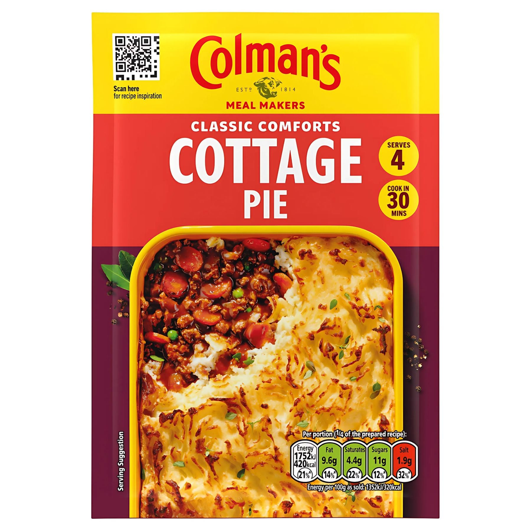 Colman's Cottage Pie Recipe Mix 45g serves 4 and cooks in 30 minutes. The packet features a serving suggestion image of baked cottage pie with vegetables and mashed potato topping. Colman's Cottage Pie Recipe Mix 45g serves 4 and cooks in 30 minutes. The packet features a serving suggestion image of baked cottage pie with vegetables and mashed potato topping.
