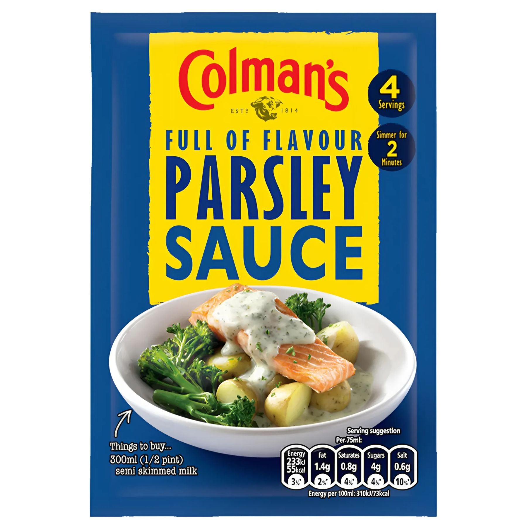 A 40g packet of Colman's Parsley Sauce, with serving suggestions and nutritional information on the front for this classic creamy sauce. A 40g packet of Colman's Parsley Sauce, with serving suggestions and nutritional information on the front for this classic creamy sauce.
