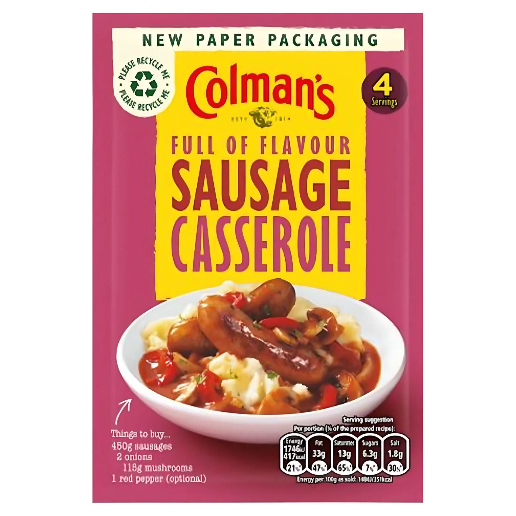 Colman's - Sausage Casserole Recipe Mix 39g comes in new paper packaging with a tempting casserole photo and serving ideas on the front. Enjoy classic Colman's flavor—perfect seasoning for sausage casserole fans. Colman's - Sausage Casserole Recipe Mix 39g comes in new paper packaging with a tempting casserole photo and serving ideas on the front. Enjoy classic Colman's flavor—perfect seasoning for sausage casserole fans.