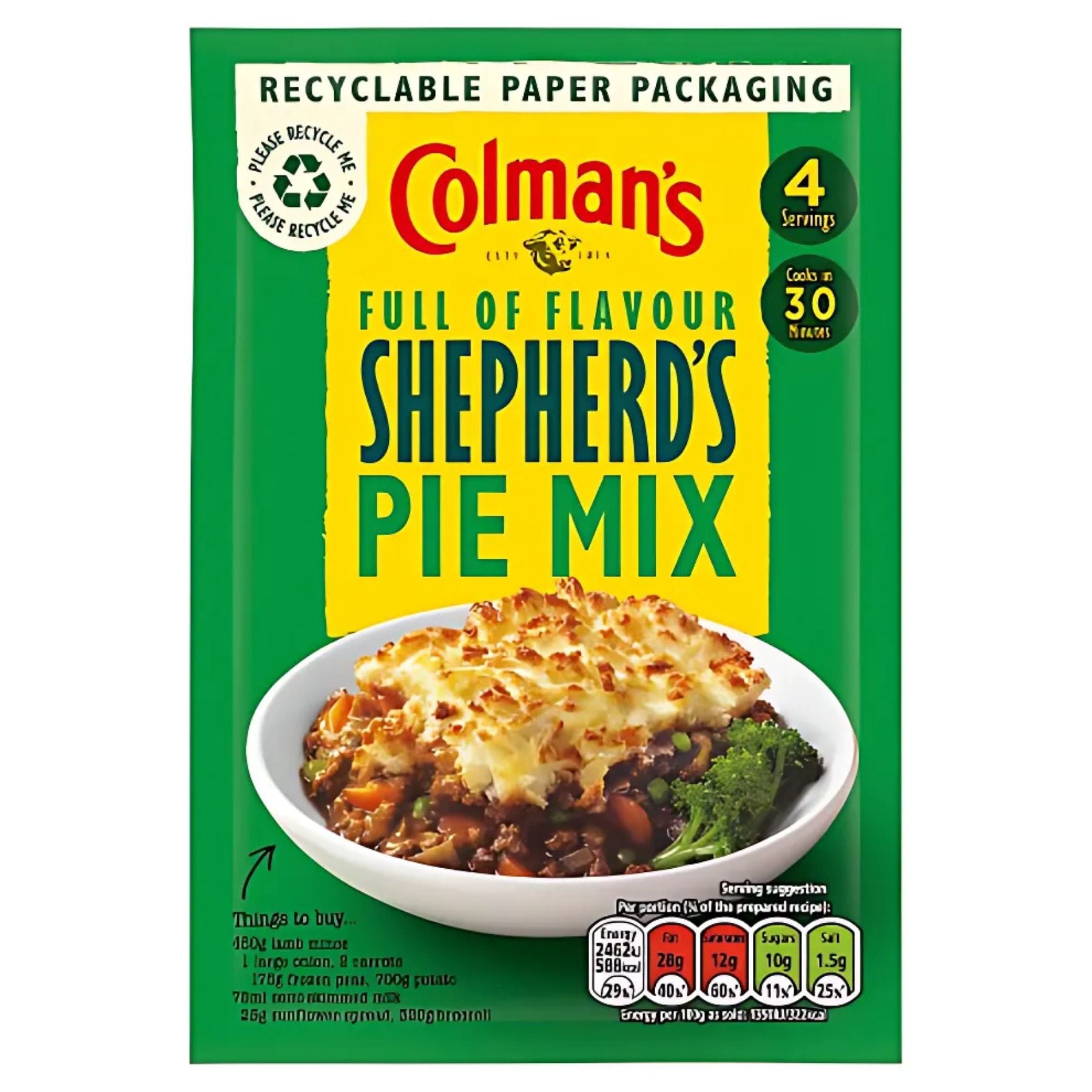 Colman's - Shepherd's Pie Mix - 50g in green packaging features a dish photo, nutrition info, and recycling details—ideal for adding rich flavor to your homemade shepherd’s pie. Colman's - Shepherd's Pie Mix - 50g in green packaging features a dish photo, nutrition info, and recycling details—ideal for adding rich flavor to your homemade shepherd’s pie.