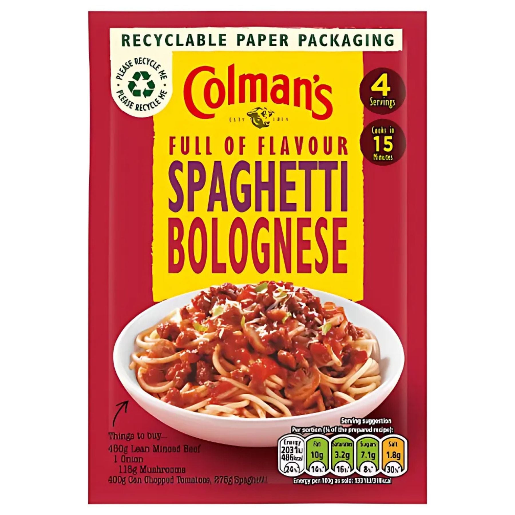 A 44g packet of Colman's Spaghetti Bolognese, showing a serving suggestion and nutritional details on the front. A 44g packet of Colman's Spaghetti Bolognese, showing a serving suggestion and nutritional details on the front.