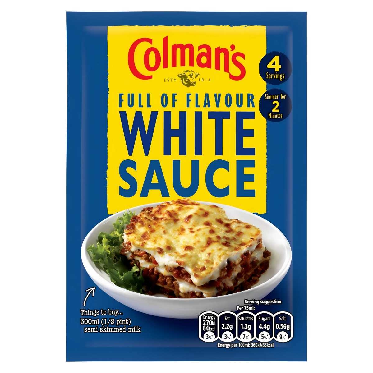 Colman's White Sauce Mix - 300ml offers creamy goodness, versatile for dishes like lasagna, complete with nutritional info and quick 2-minute simmer instructions. Colman's White Sauce Mix - 300ml offers creamy goodness, versatile for dishes like lasagna, complete with nutritional info and quick 2-minute simmer instructions.