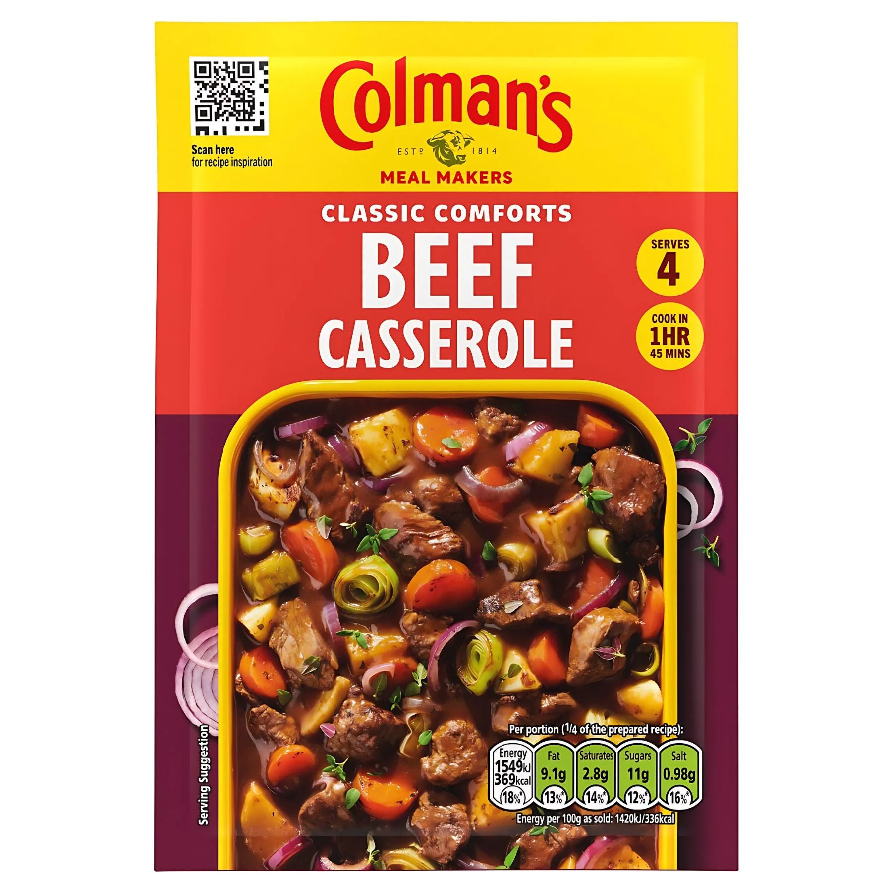 Colman's Beef Casserole Recipe Mix 40g features a serving suggestion with diced beef, carrots, potatoes, and peas. Just add beef and veggies—serves 4 and cooks in 1 hour 45 mins for a hearty casserole. Colman's Beef Casserole Recipe Mix 40g features a serving suggestion with diced beef, carrots, potatoes, and peas. Just add beef and veggies—serves 4 and cooks in 1 hour 45 mins for a hearty casserole.