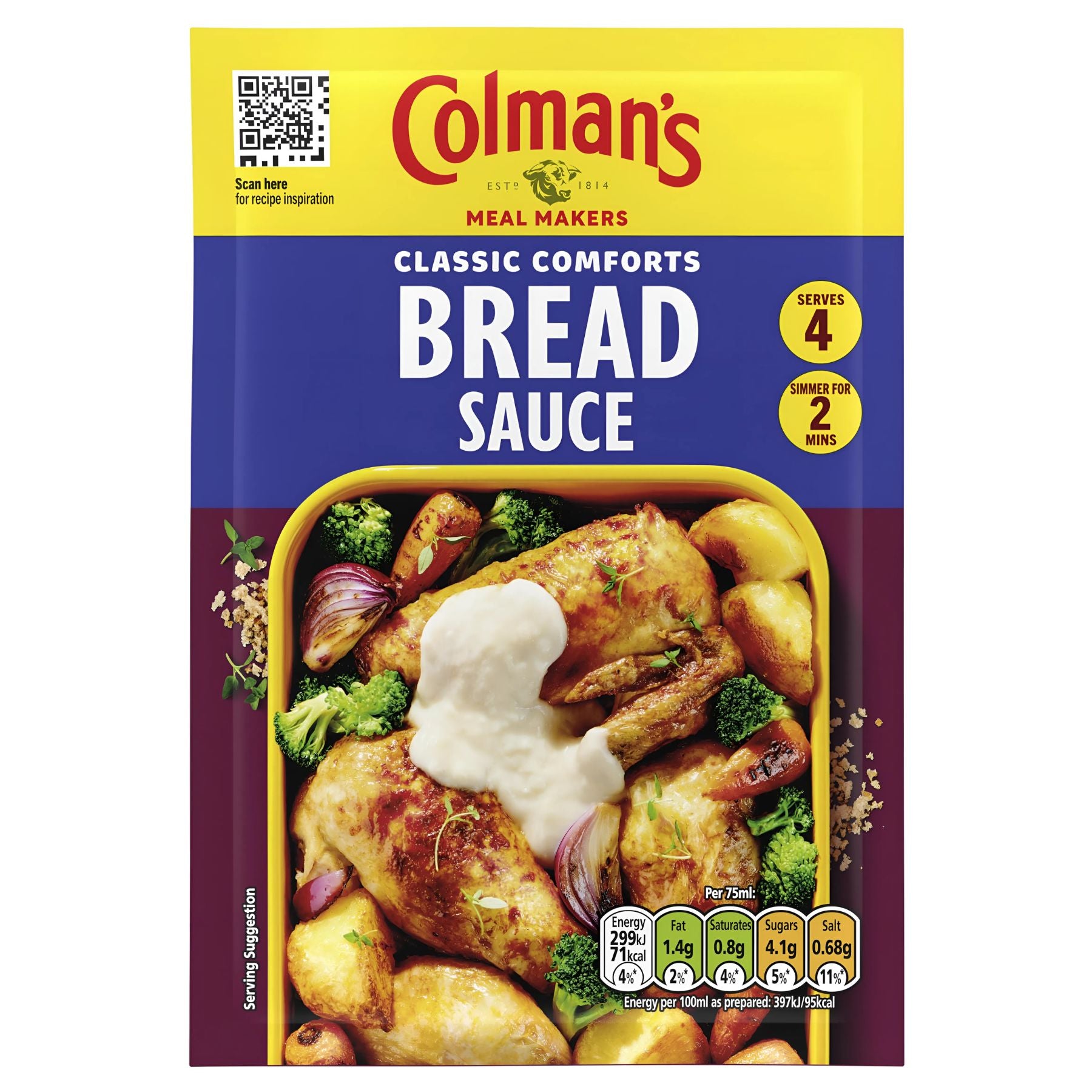 Colman's Bread Sauce 40g is a creamy bread sauce mix, ideal for poultry dishes. Serving suggestion: enjoy with chicken, broccoli, and onions for classic comfort. Colman's Bread Sauce 40g is a creamy bread sauce mix, ideal for poultry dishes. Serving suggestion: enjoy with chicken, broccoli, and onions for classic comfort.