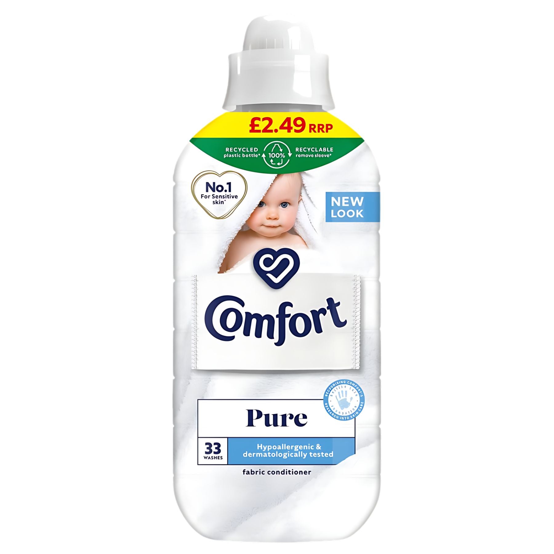 Comfort - Fabric Conditioner Pure 33 Wash (990 ml) features a baby image, price label, and text highlighting it is hypoallergenic, dermatologically tested, and made with recycled plastic. Comfort - Fabric Conditioner Pure 33 Wash (990 ml) features a baby image, price label, and text highlighting it is hypoallergenic, dermatologically tested, and made with recycled plastic.