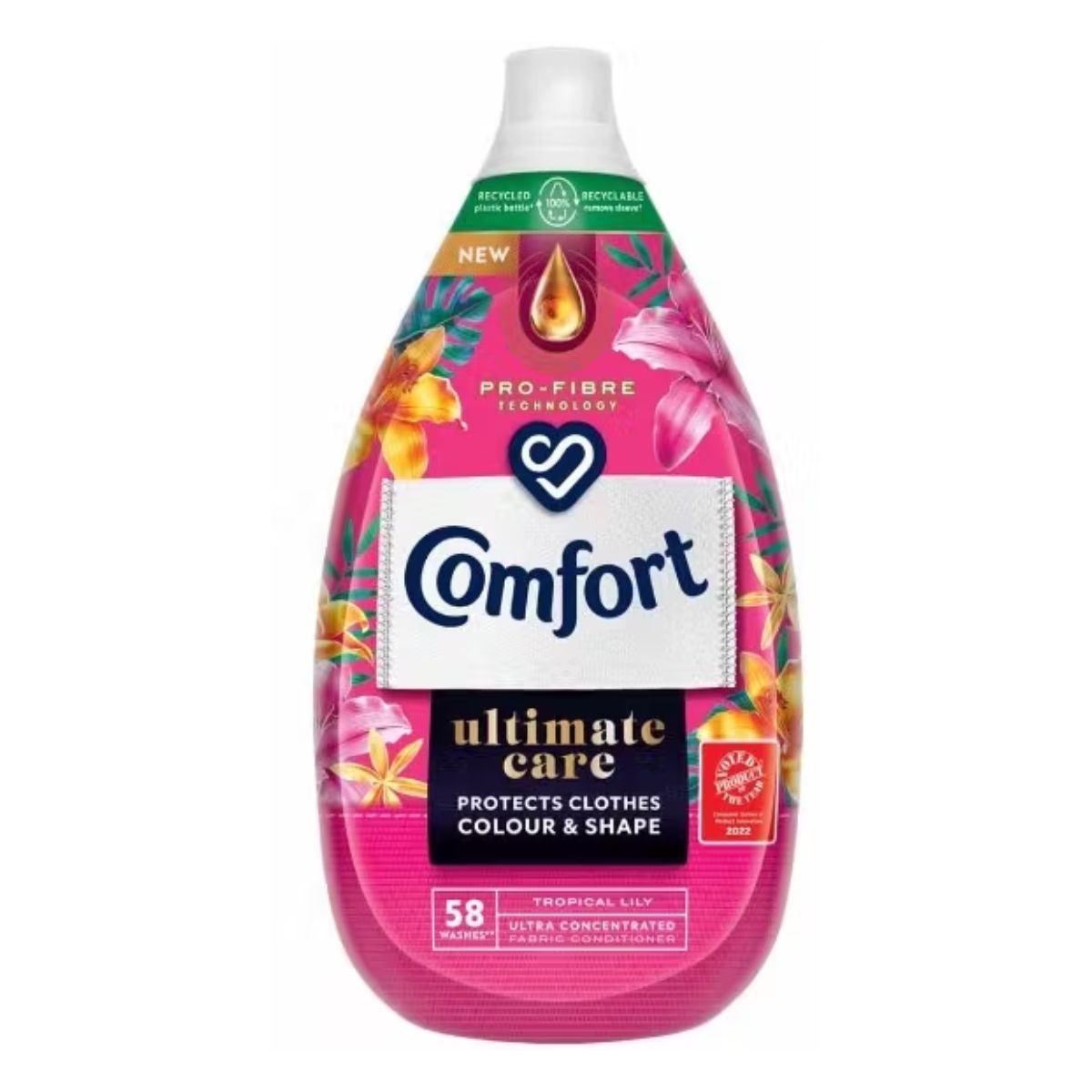 A bottle of Comfort - Ultimate Care Fabric Conditioner Tropical Lily 58 Washes - 850ml, labeled as ultra-concentrated and safeguarding clothes' color and shape.
