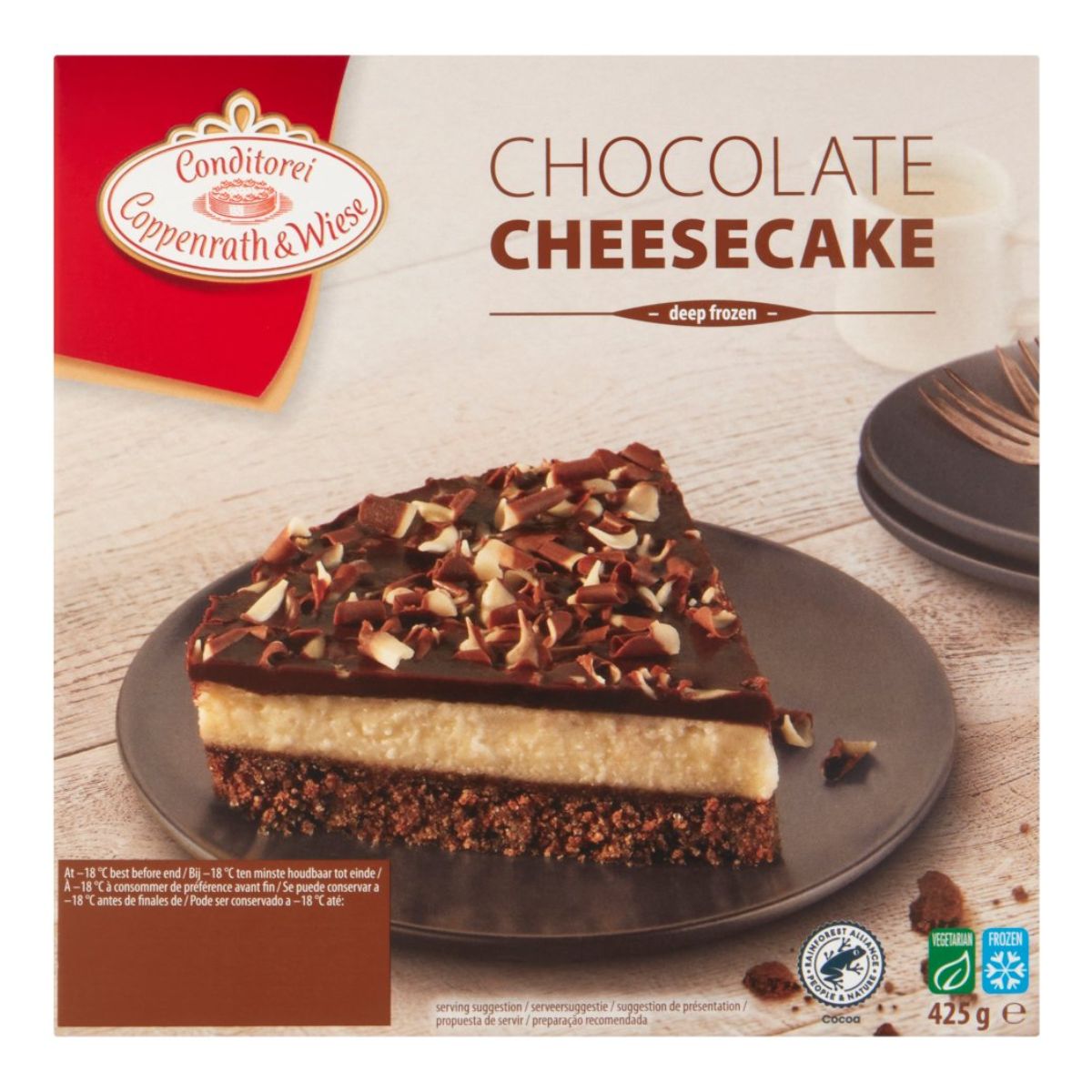 A Conditorei Coppenrath & Wiese - Chocolate Cheesecake - 425g on a plate.