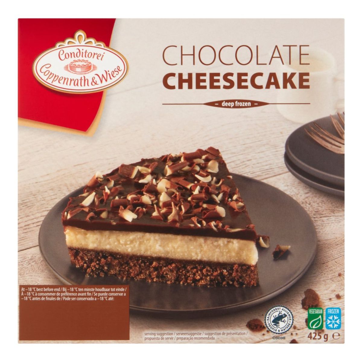 A Conditorei Coppenrath & Wiese - Chocolate Cheesecake - 425g on a plate. A Conditorei Coppenrath & Wiese - Chocolate Cheesecake - 425g on a plate.
