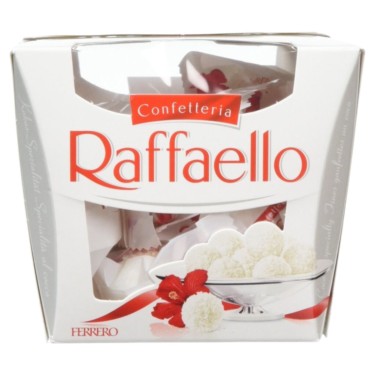 A box of Confetteria - Raffaello - 150g in a white box. A box of Confetteria - Raffaello - 150g in a white box.