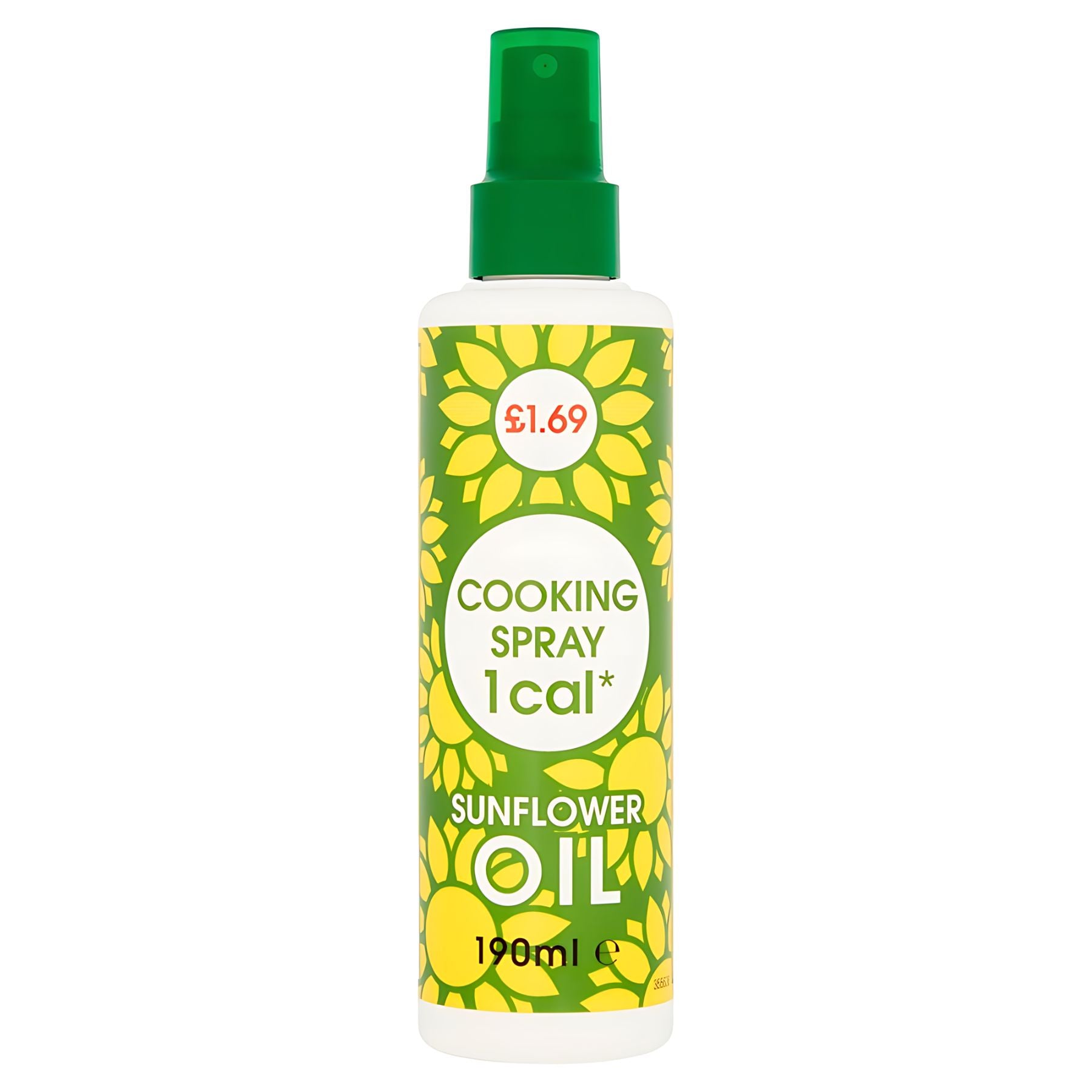 A 190ml Cooking Spray - Sunflower Oil bottle with a green cap, labeled "1 cal," priced at £1.69. A 190ml Cooking Spray - Sunflower Oil bottle with a green cap, labeled "1 cal," priced at £1.69.