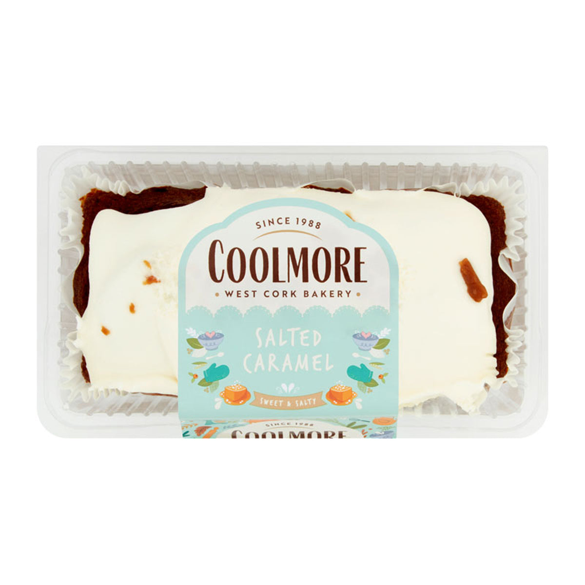 A package of Coolmore - Salted Caramel Cake - 400g in a plastic container.