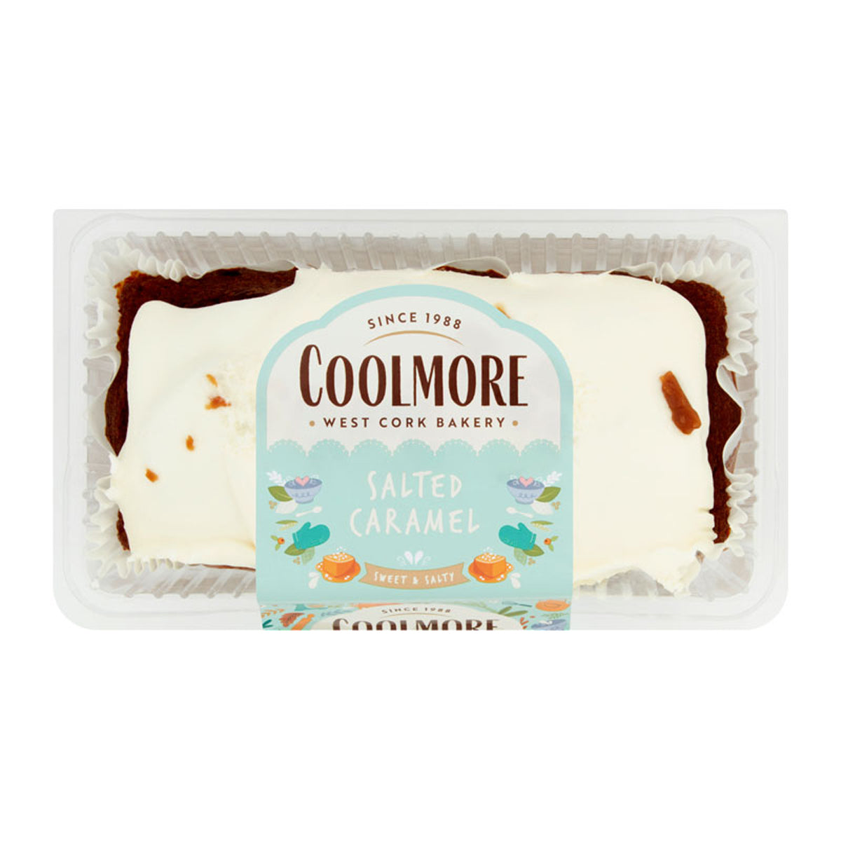 A package of Coolmore - Salted Caramel Cake - 400g in a plastic container. A package of Coolmore - Salted Caramel Cake - 400g in a plastic container.