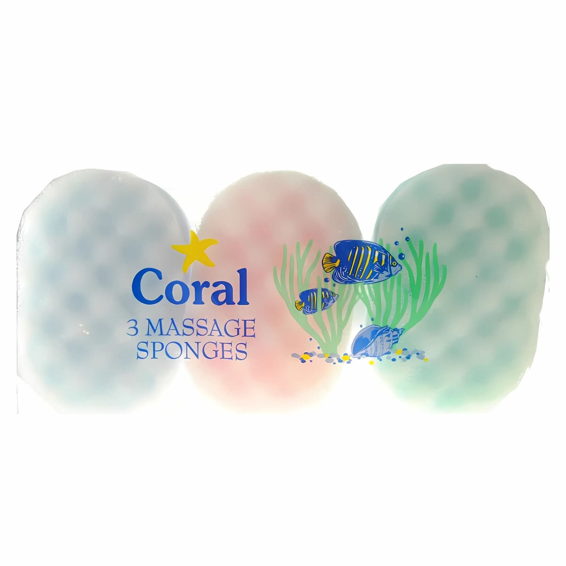The Coral - Body Sponge - 3pc set includes three oval pastel sponges for gentle exfoliation. Packed with cartoon fish, sea plants, and "Coral 3 Massage Sponges" text, they’re perfect for your skincare routine. The Coral - Body Sponge - 3pc set includes three oval pastel sponges for gentle exfoliation. Packed with cartoon fish, sea plants, and "Coral 3 Massage Sponges" text, they’re perfect for your skincare routine.