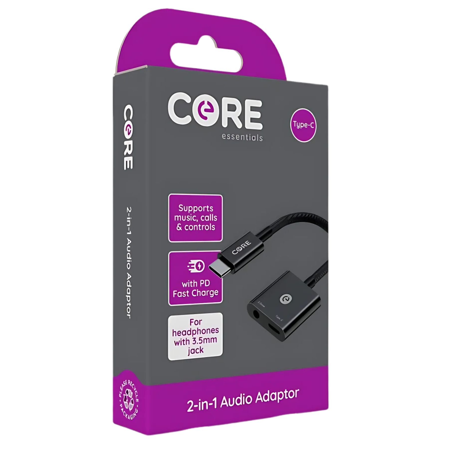 Purple and black retail box for Core - 2 in 1 Audio Adaptor - 1pcs (Type-C), compatible with 3.5mm headphones, supports music, calls, controls, and fast charging. Purple and black retail box for Core - 2 in 1 Audio Adaptor - 1pcs (Type-C), compatible with 3.5mm headphones, supports music, calls, controls, and fast charging.