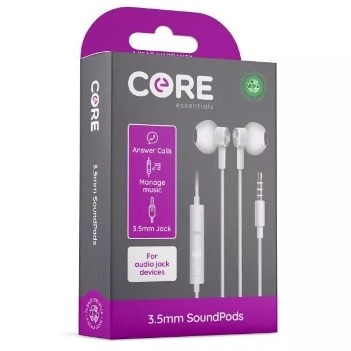 Box of Core - 3.5mm Sound pods - 1.2m wired earphones with moulded earbuds, compatible with any device featuring a 3.5mm audio jack connector. Box of Core - 3.5mm Sound pods - 1.2m wired earphones with moulded earbuds, compatible with any device featuring a 3.5mm audio jack connector.