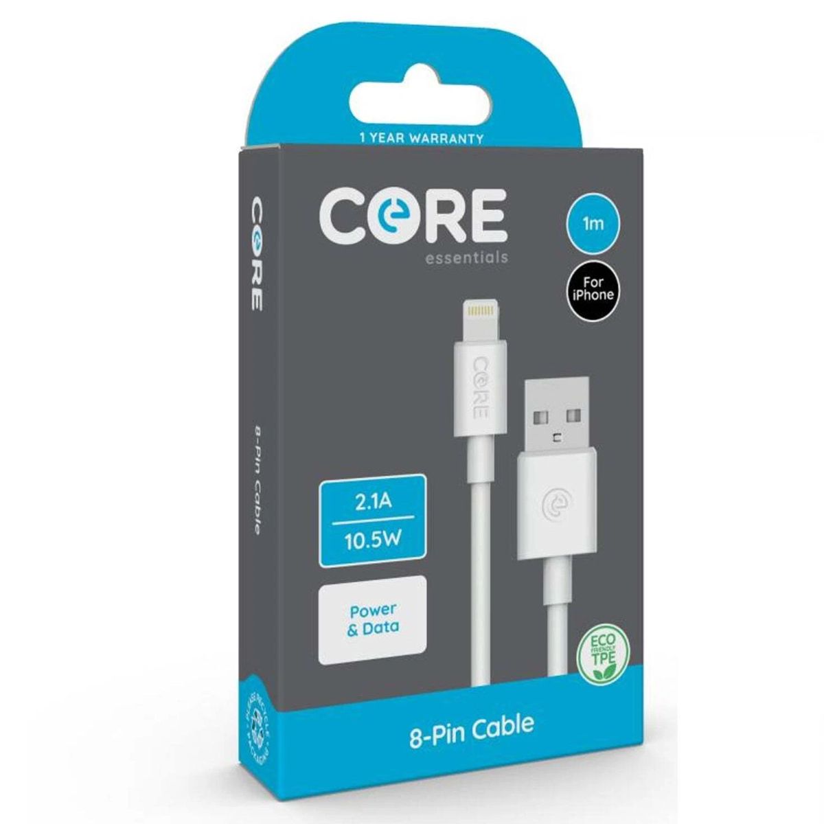 Retail packaging for Core - 8 Pin Cable (2.1A) - 1m, white, compatible with iPhone, supports fast charging at 2.1A/10.5W power and data transfer. Retail packaging for Core - 8 Pin Cable (2.1A) - 1m, white, compatible with iPhone, supports fast charging at 2.1A/10.5W power and data transfer.