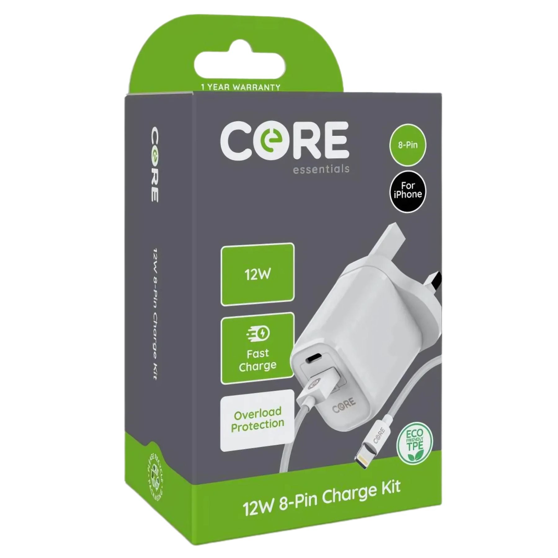Core - 8 Pin Charging Kit - 12W for iPhone includes a fast-charging, eco-friendly cable with overload protection. The box displays images of the charger and cable on the front. Core - 8 Pin Charging Kit - 12W for iPhone includes a fast-charging, eco-friendly cable with overload protection. The box displays images of the charger and cable on the front.