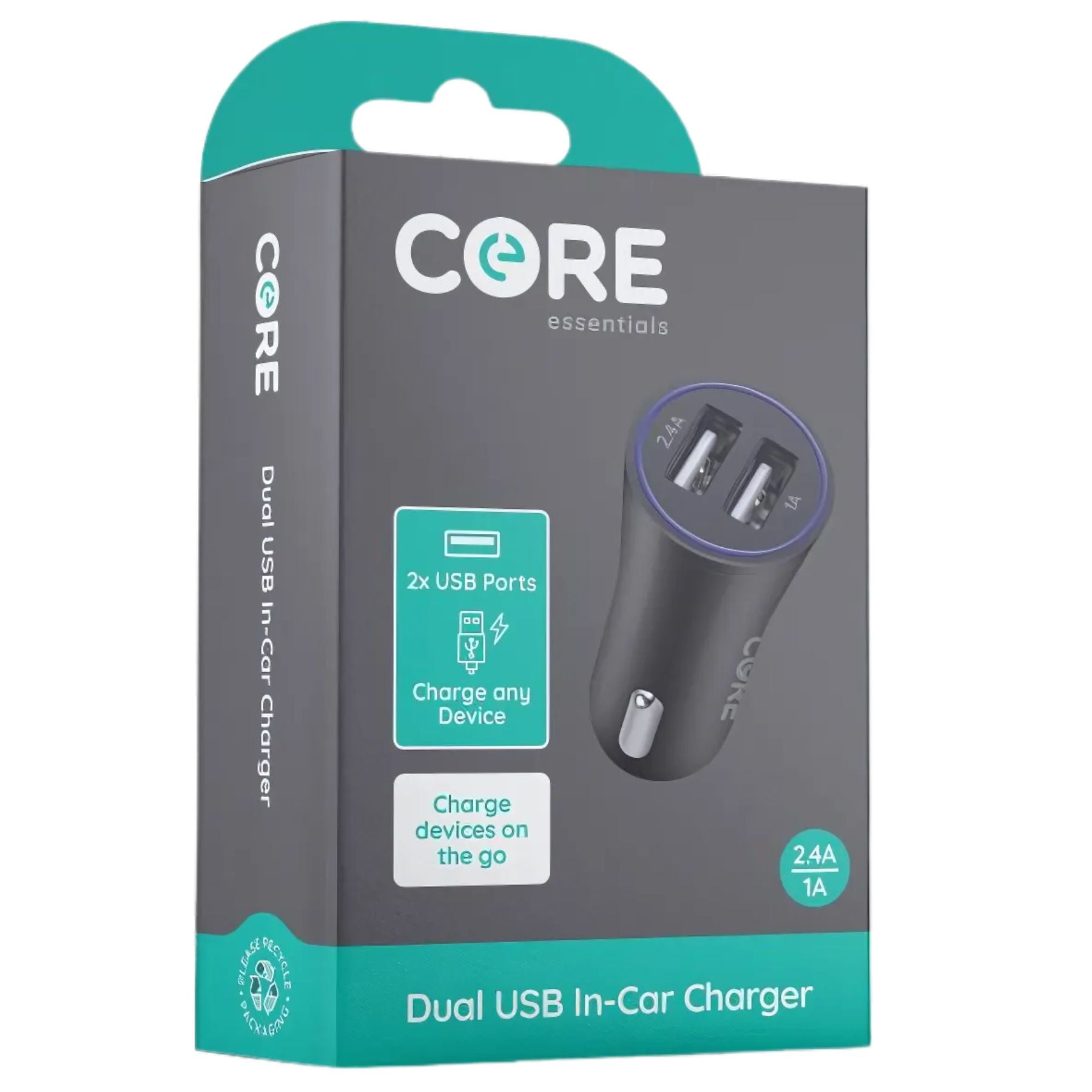 Core - Dual USB In-Car Charger (2.4A/1A) box highlighting product image and features, including two USB ports and the ability to conveniently charge your devices while on the go. Core - Dual USB In-Car Charger (2.4A/1A) box highlighting product image and features, including two USB ports and the ability to conveniently charge your devices while on the go.