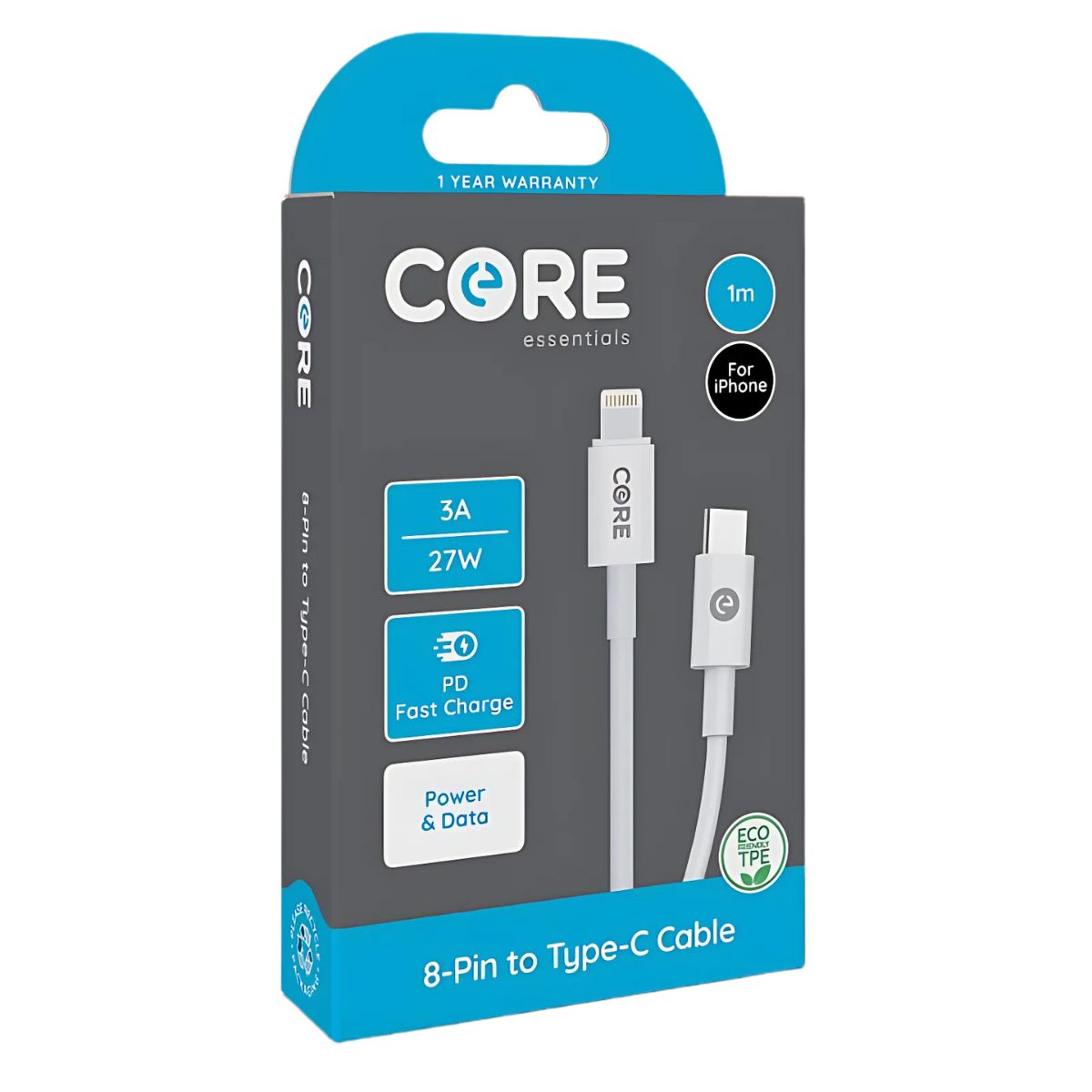 A box of Core - Essentials 8-Pin To Type-C Cable For iPhone (27W) - 1m, designed for fast charging and device compatibility. A box of Core - Essentials 8-Pin To Type-C Cable For iPhone (27W) - 1m, designed for fast charging and device compatibility.