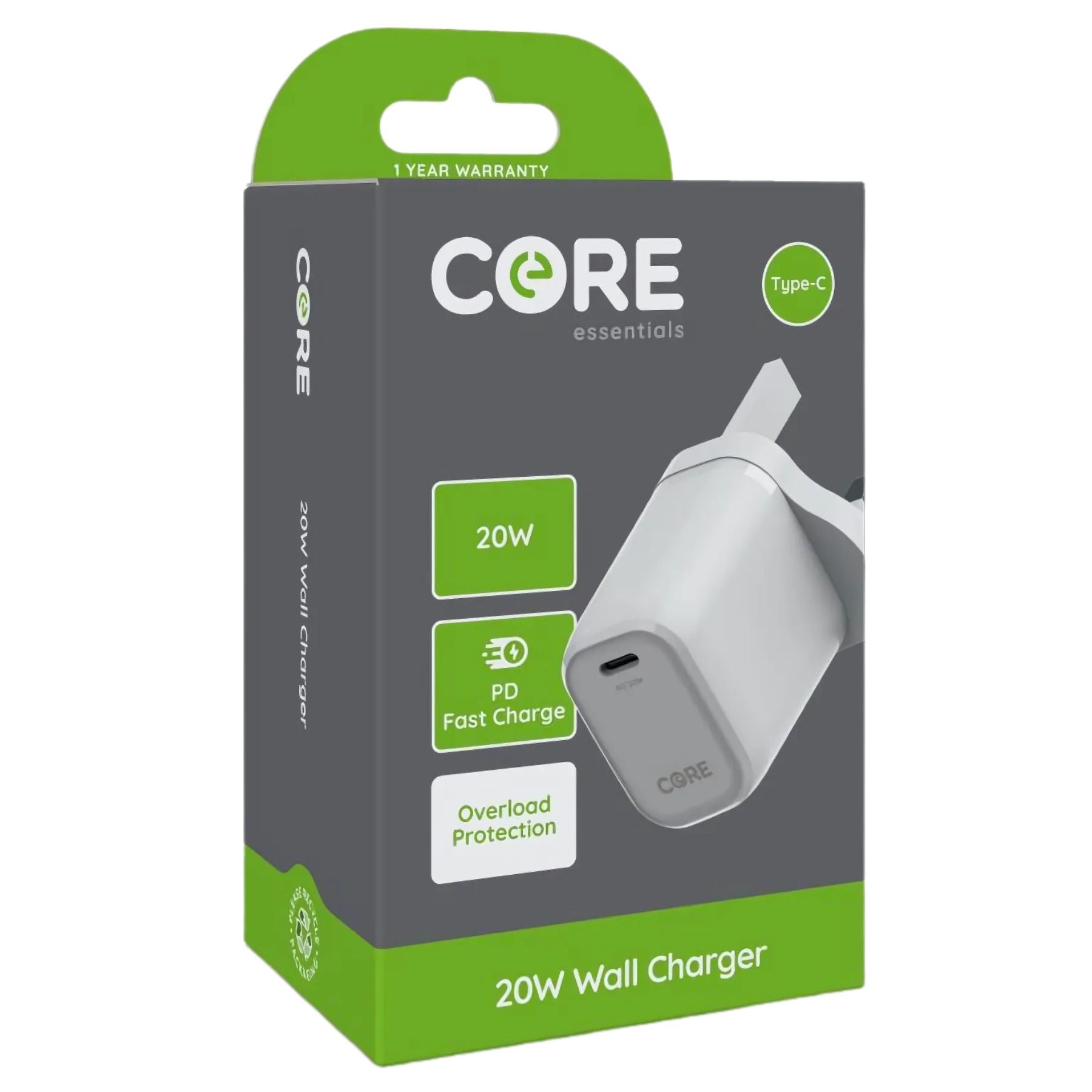 Box of the Core - Type-C PD Wall Charger - 20W, featuring Power Delivery fast charging and overload protection. Green and white packaging shows the Type-C PD charger and key specs. Box of the Core - Type-C PD Wall Charger - 20W, featuring Power Delivery fast charging and overload protection. Green and white packaging shows the Type-C PD charger and key specs.