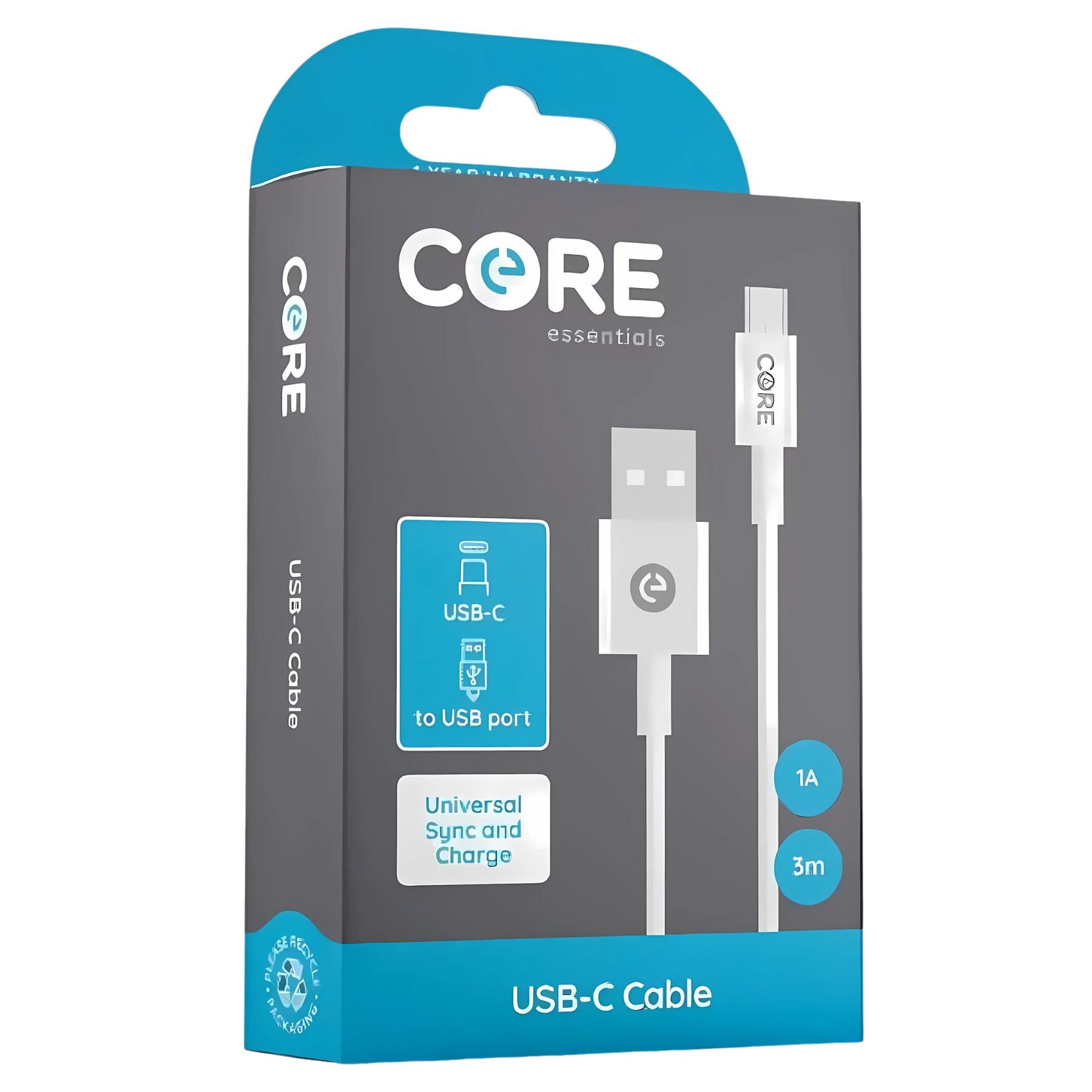 Box of Core - USB to USB-C Cable (1A) - 3m for universal sync and charging. Packaging displays the cable and emphasizes USB to USB-C compatibility for easy data transfer and charging. Box of Core - USB to USB-C Cable (1A) - 3m for universal sync and charging. Packaging displays the cable and emphasizes USB to USB-C compatibility for easy data transfer and charging.