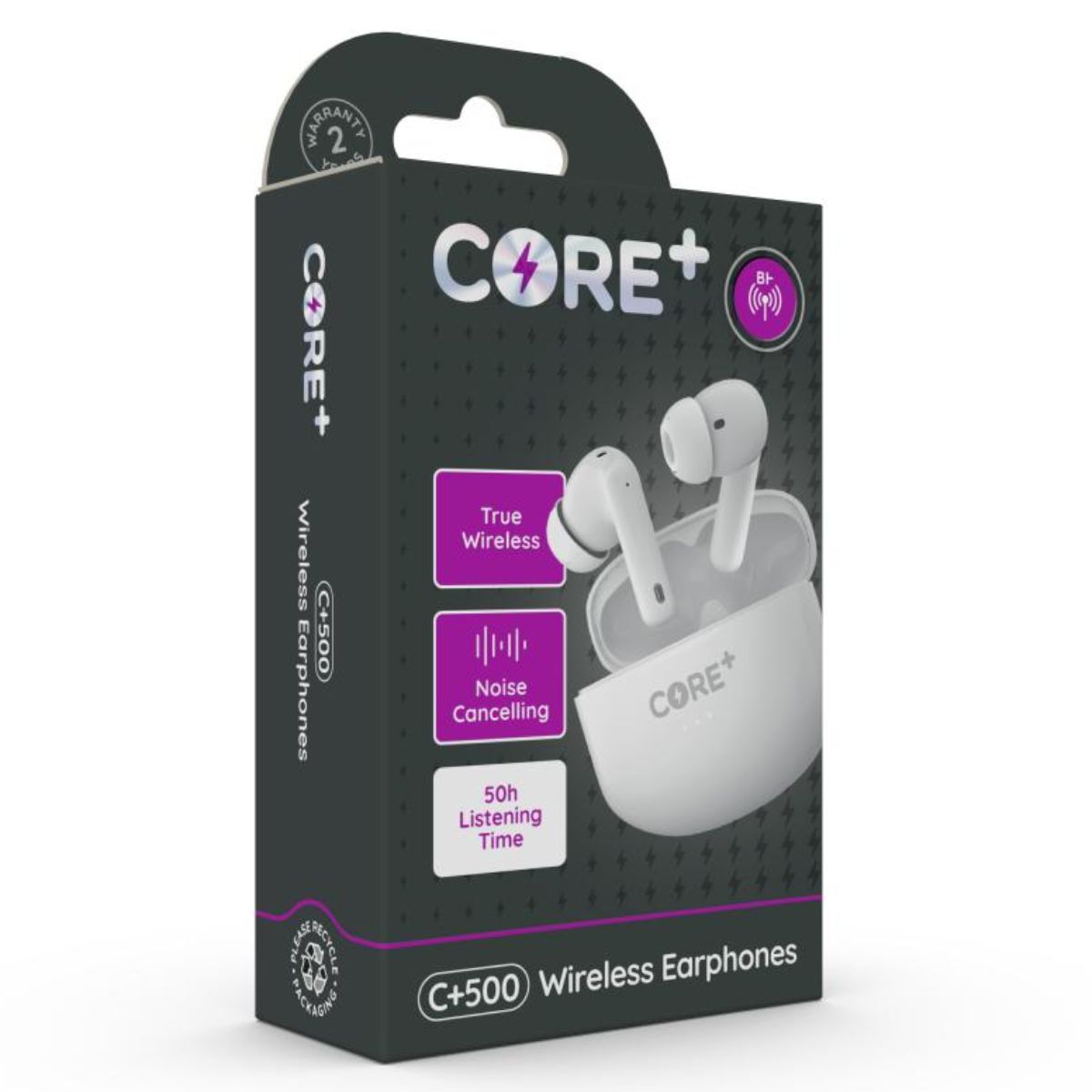 A box of Core+ - C+500 Wireless Earphones highlights true wireless, noise cancelling, 50h playback, and wireless charging. The packaging displays the earphones and charging case. A box of Core+ - C+500 Wireless Earphones highlights true wireless, noise cancelling, 50h playback, and wireless charging. The packaging displays the earphones and charging case.
