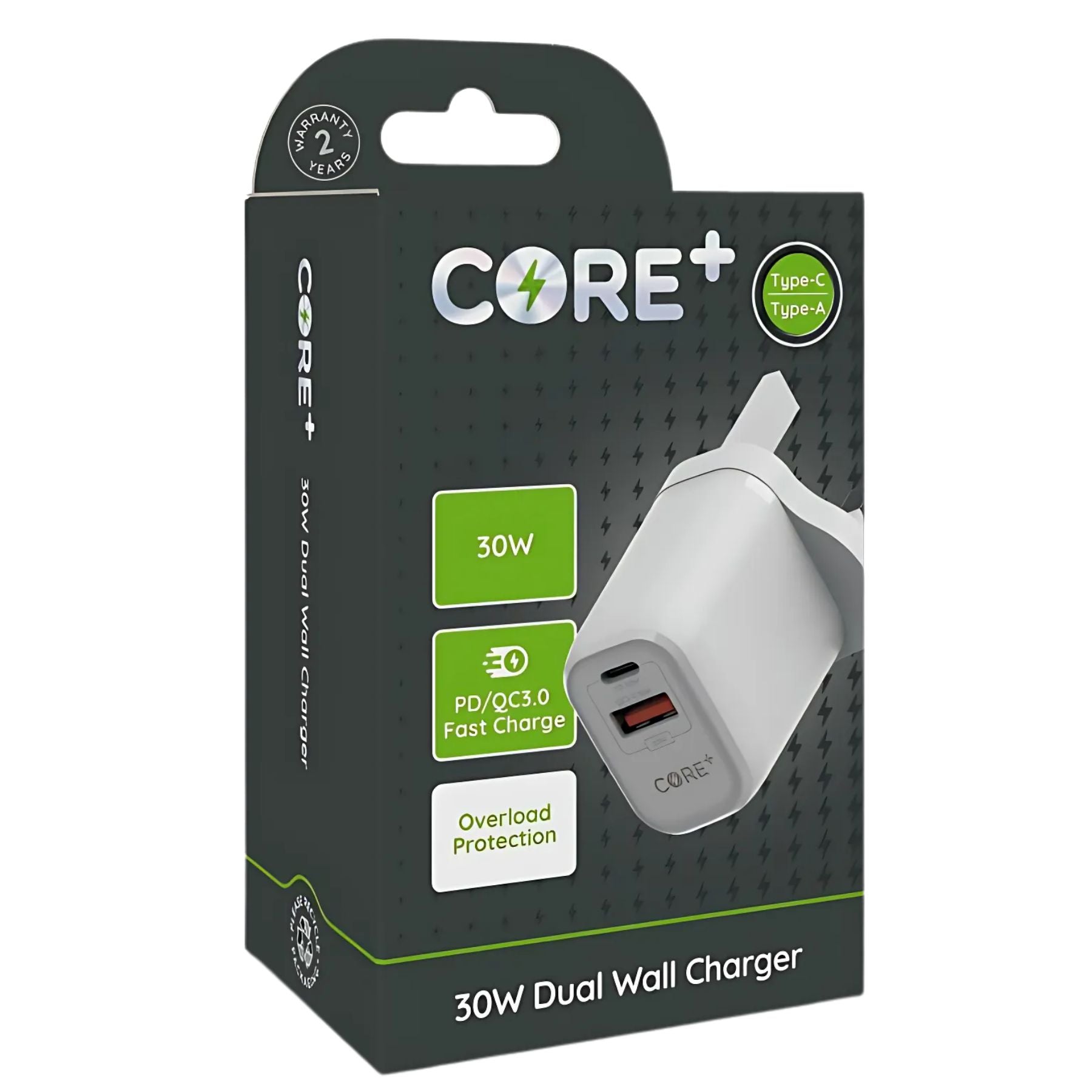 Core+ - Dual Type C + Type A Wall Charger - 30W offers fast charging with USB Type-C PD and QC3.0, dual ports (Type-C & Type-A), overload protection, and comes with a 2-year warranty. Core+ - Dual Type C + Type A Wall Charger - 30W offers fast charging with USB Type-C PD and QC3.0, dual ports (Type-C & Type-A), overload protection, and comes with a 2-year warranty.