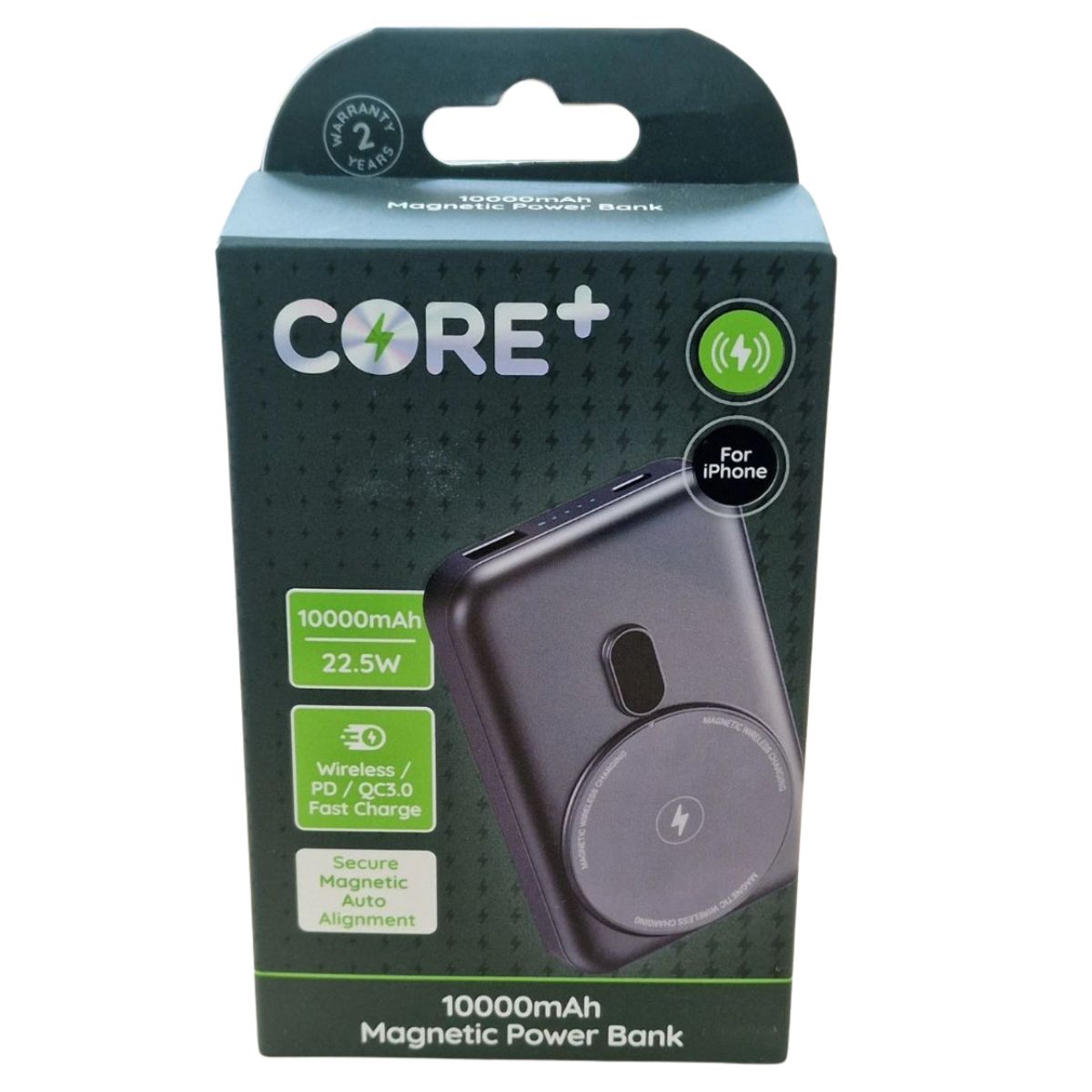 Core+ Magnetic Power Bank for iPhone with 10000mAh capacity features wireless charging and secure magnetic alignment. Core+ Magnetic Power Bank for iPhone with 10000mAh capacity features wireless charging and secure magnetic alignment.