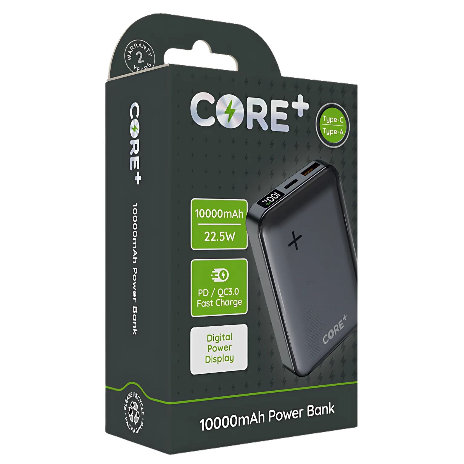 Core+ - PD Power Bank - 10000mAh in gray packaging, with Type-C and Type-A ports, digital power display, and supports fast charging up to 22.5W. Core+ - PD Power Bank - 10000mAh in gray packaging, with Type-C and Type-A ports, digital power display, and supports fast charging up to 22.5W.