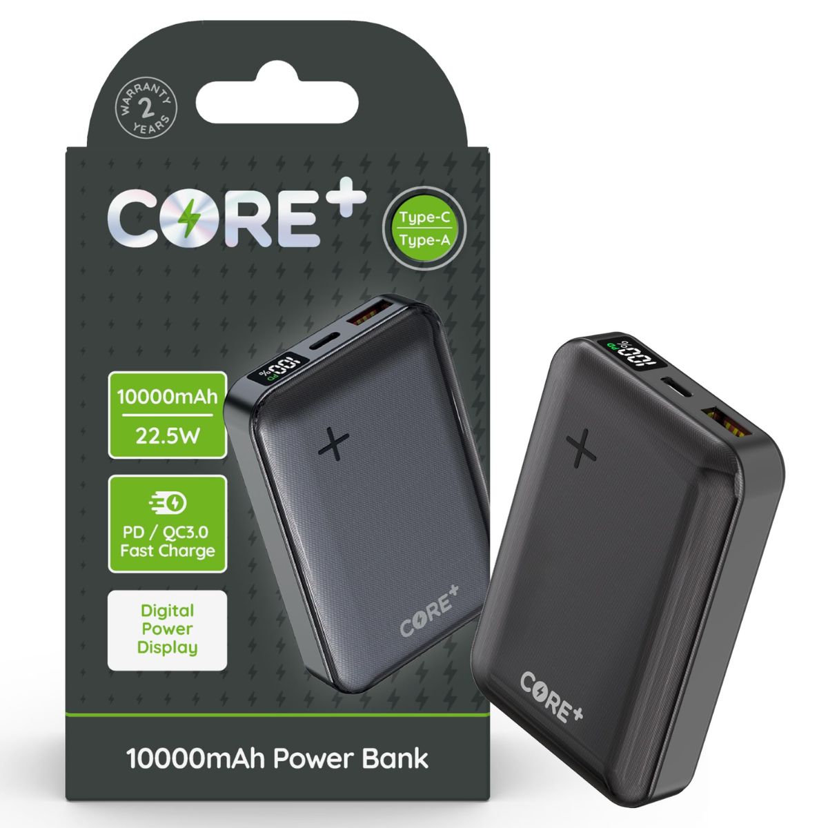 The Core+ Power Bank (10000mAh) features a digital display, USB-C & USB-A ports, 22.5W fast charging, wireless charging, and comes with feature-highlight packaging and a 2-year warranty. The Core+ Power Bank (10000mAh) features a digital display, USB-C & USB-A ports, 22.5W fast charging, wireless charging, and comes with feature-highlight packaging and a 2-year warranty.