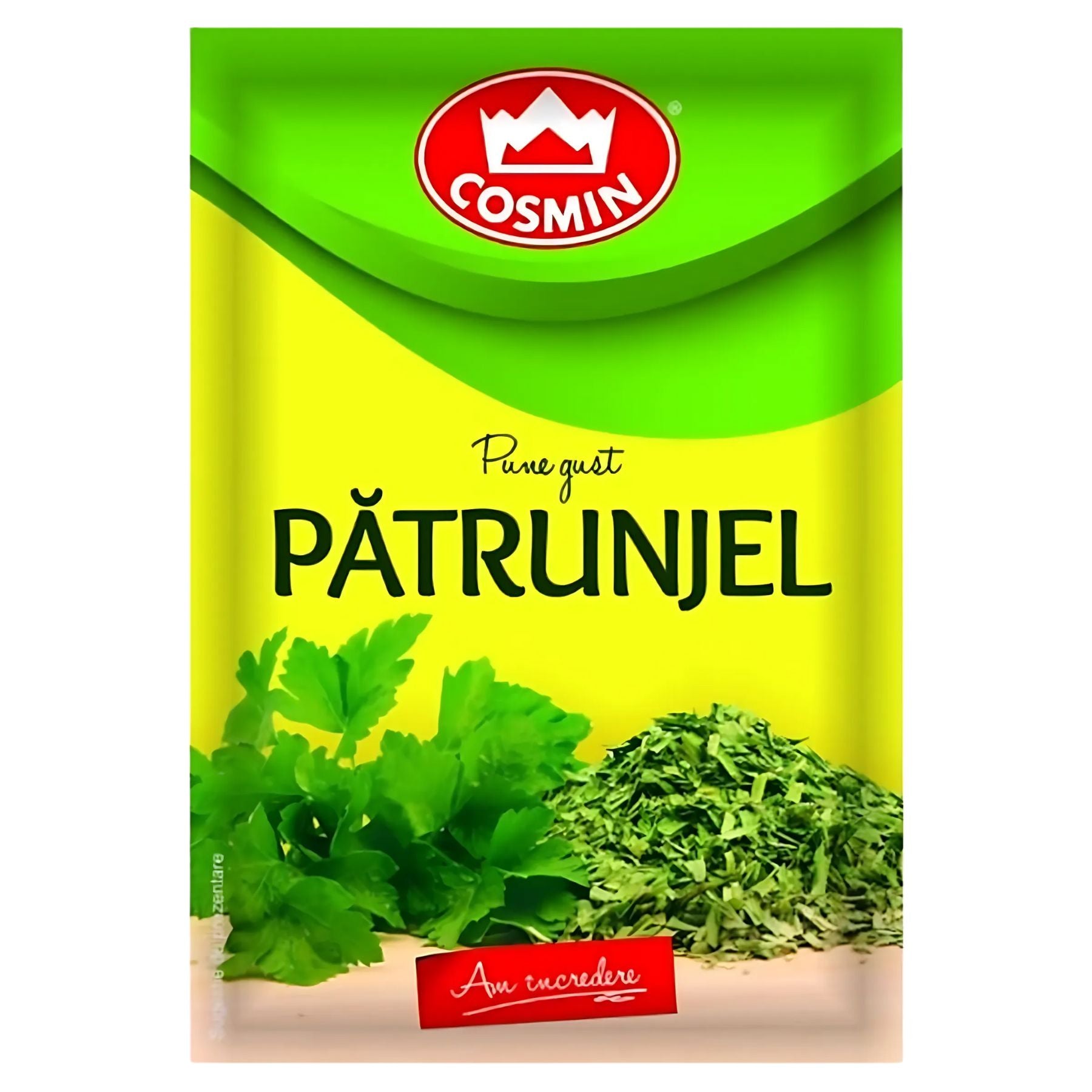 An 8g packet of Cosmin - Patrunjel, featuring images of fresh and dried parsley on a bright yellow and green background. An 8g packet of Cosmin - Patrunjel, featuring images of fresh and dried parsley on a bright yellow and green background.